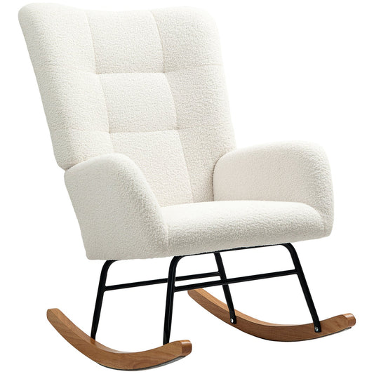 Rocking chair in creamy white velvet with wooden runners