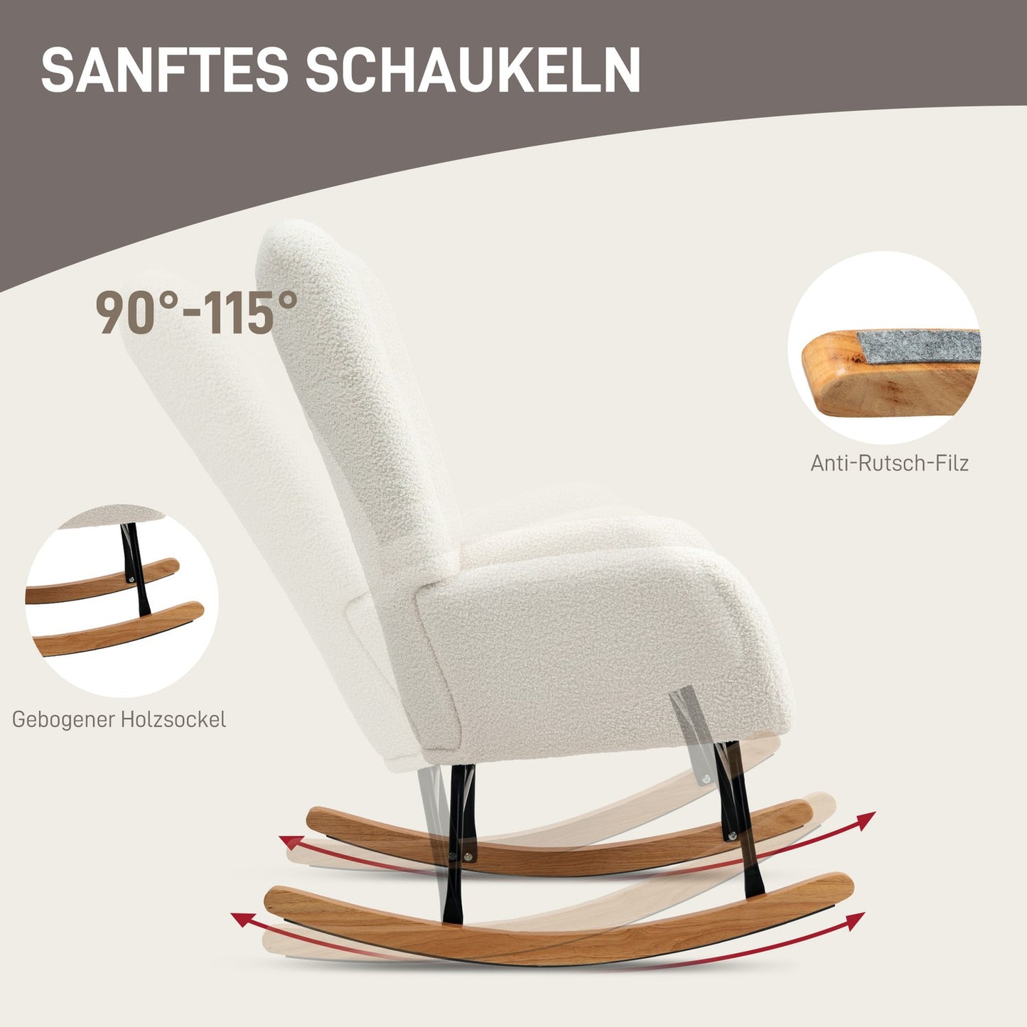 Rocking chair in creamy white velvet with wooden runners