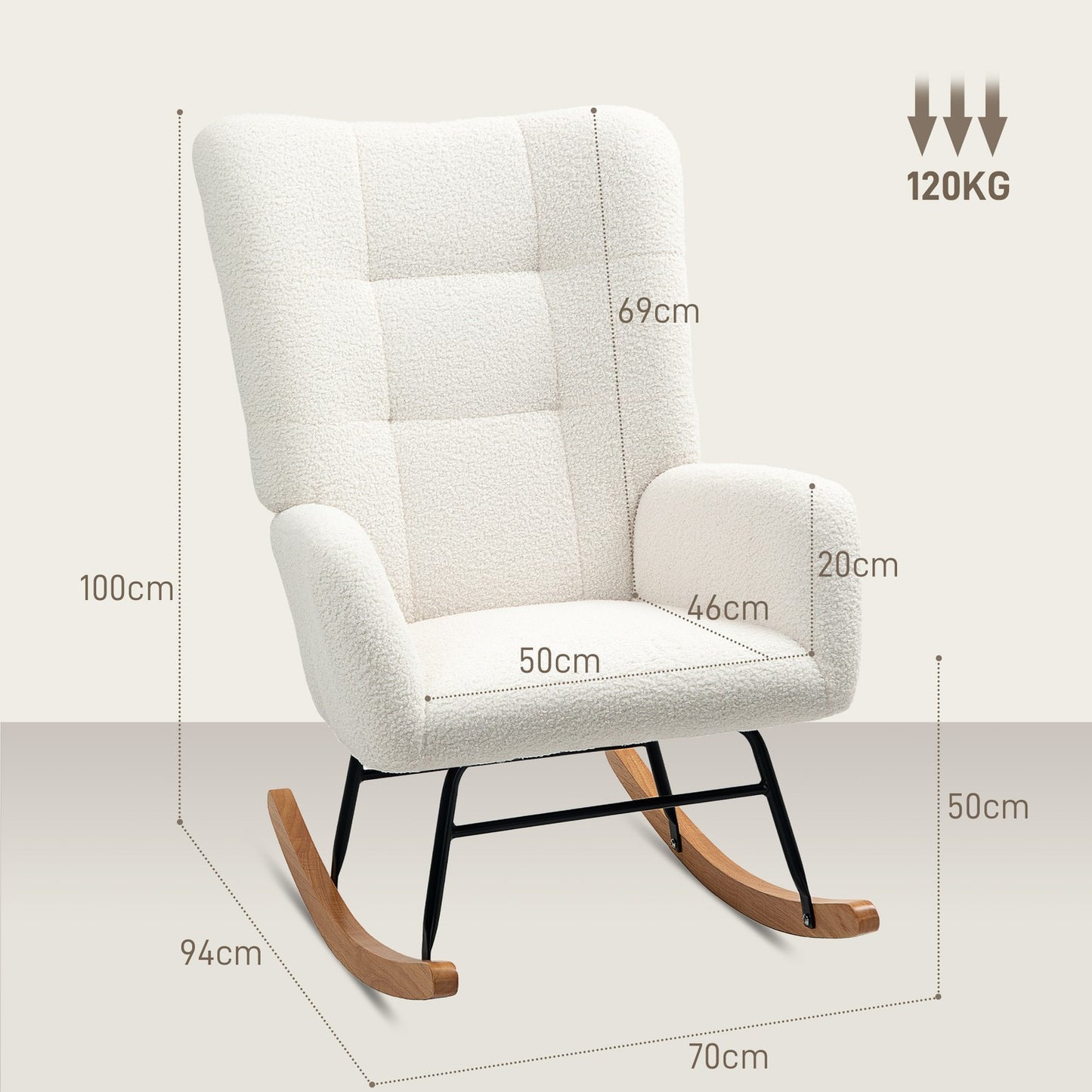 Rocking chair in creamy white velvet with wooden runners