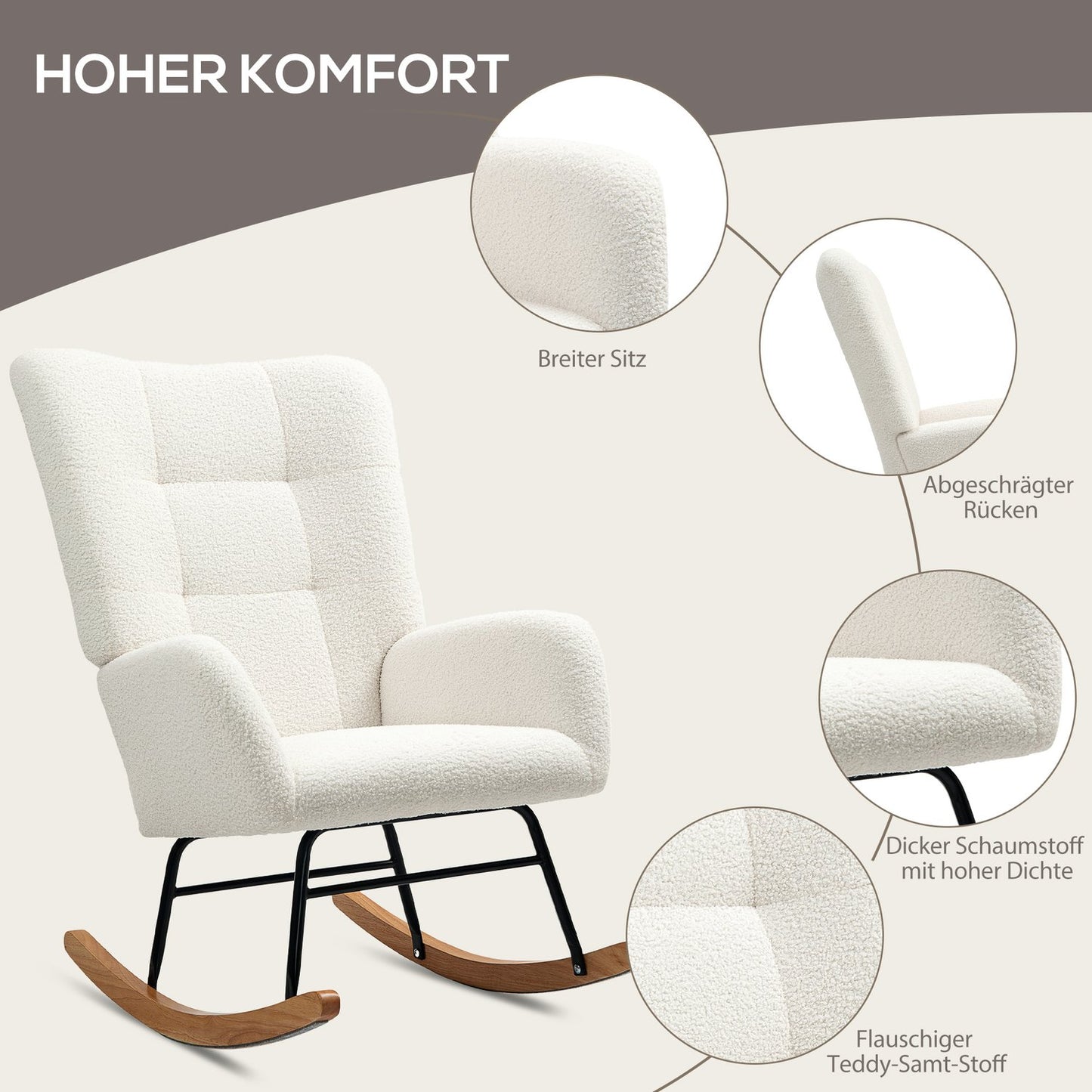 Rocking chair in creamy white velvet with wooden runners
