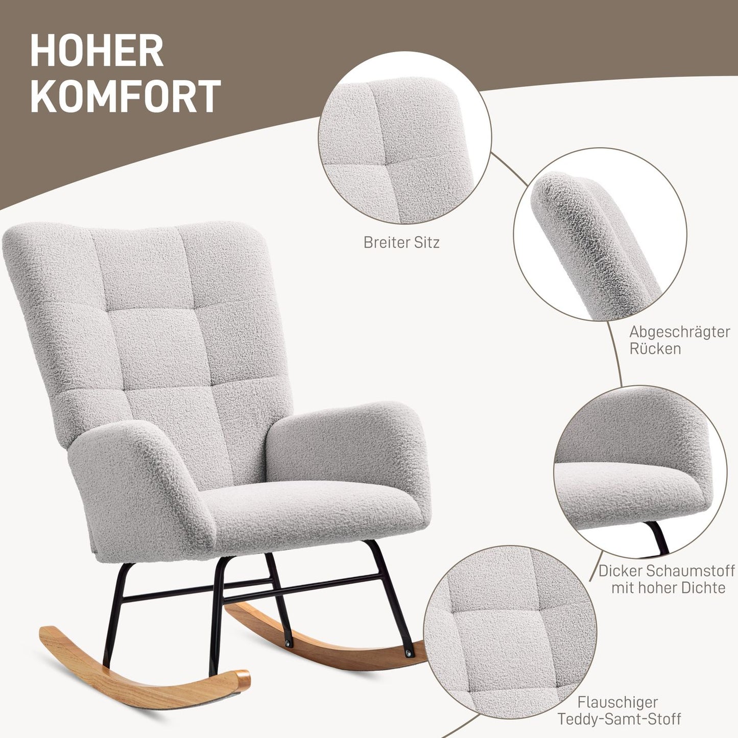 Light gray velvet rocking chair - Wooden armrests and runners