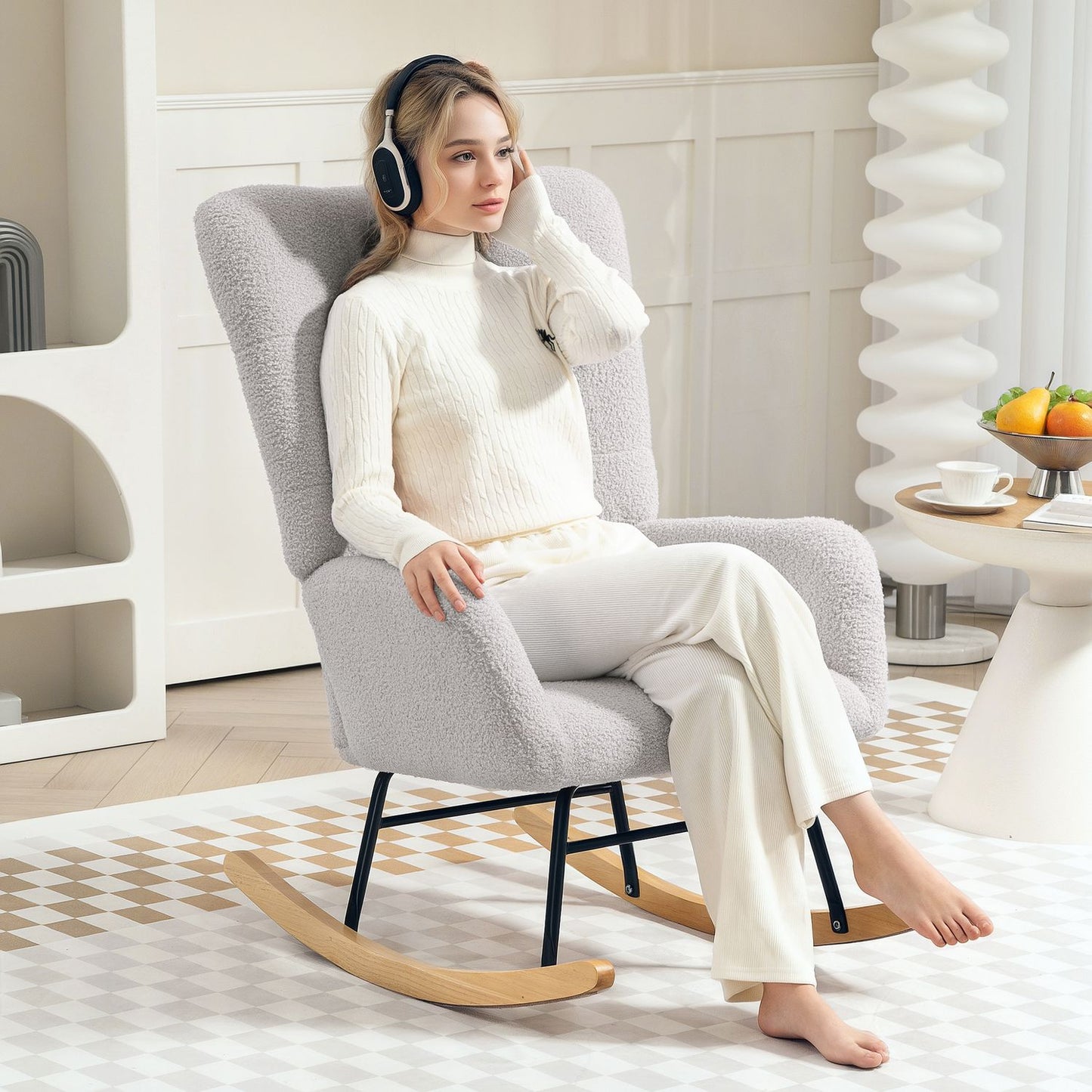 Light gray velvet rocking chair - Wooden armrests and runners
