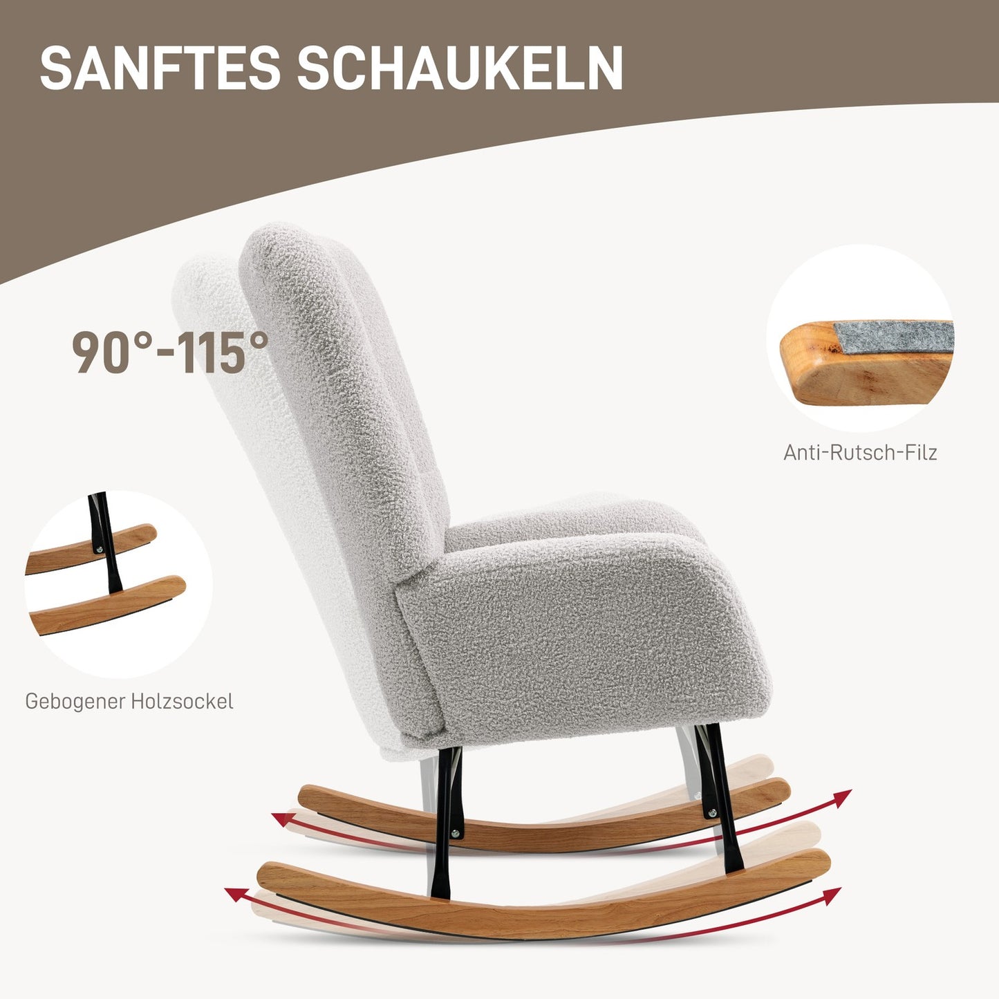 Light gray velvet rocking chair - Wooden armrests and runners