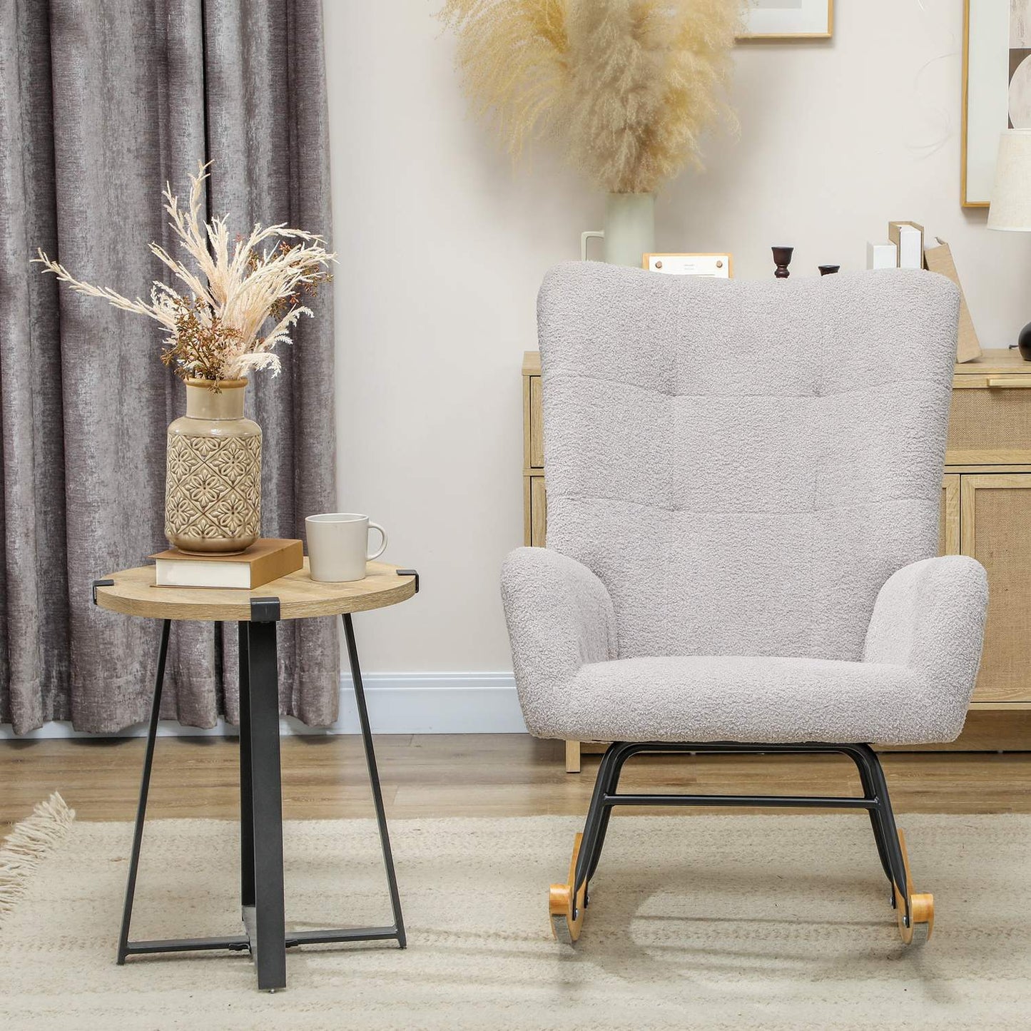 Light gray velvet rocking chair - Wooden armrests and runners