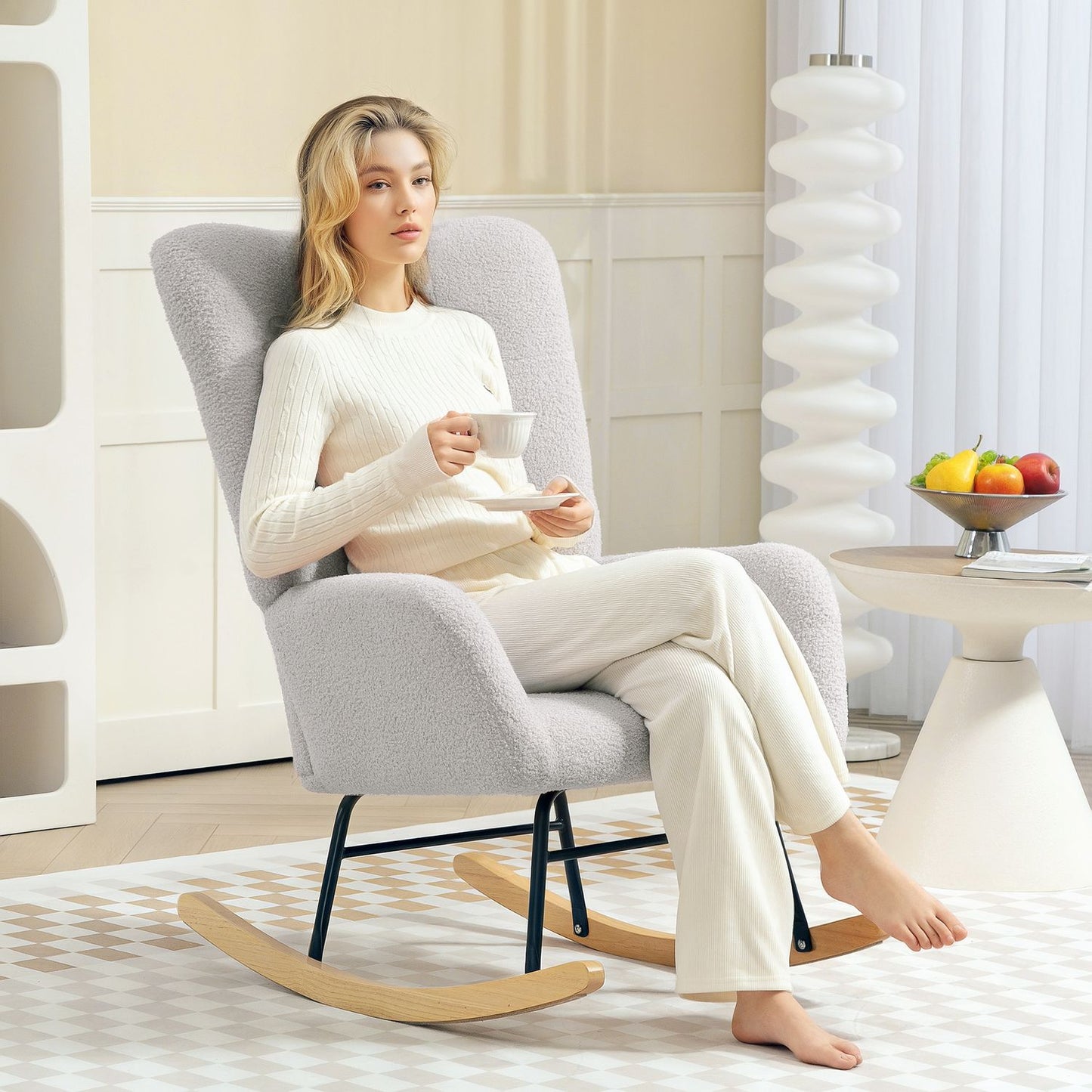 Light gray velvet rocking chair - Wooden armrests and runners