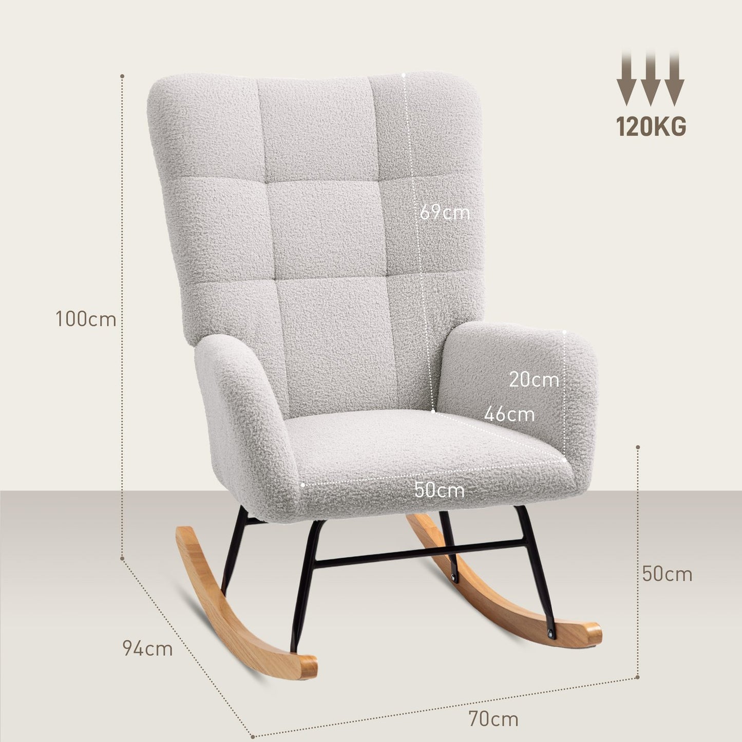 Light gray velvet rocking chair - Wooden armrests and runners