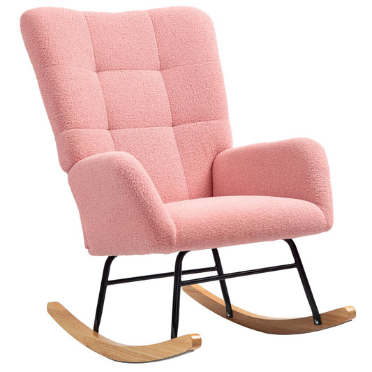 Pink velvet rocking chair with armrests - wooden base