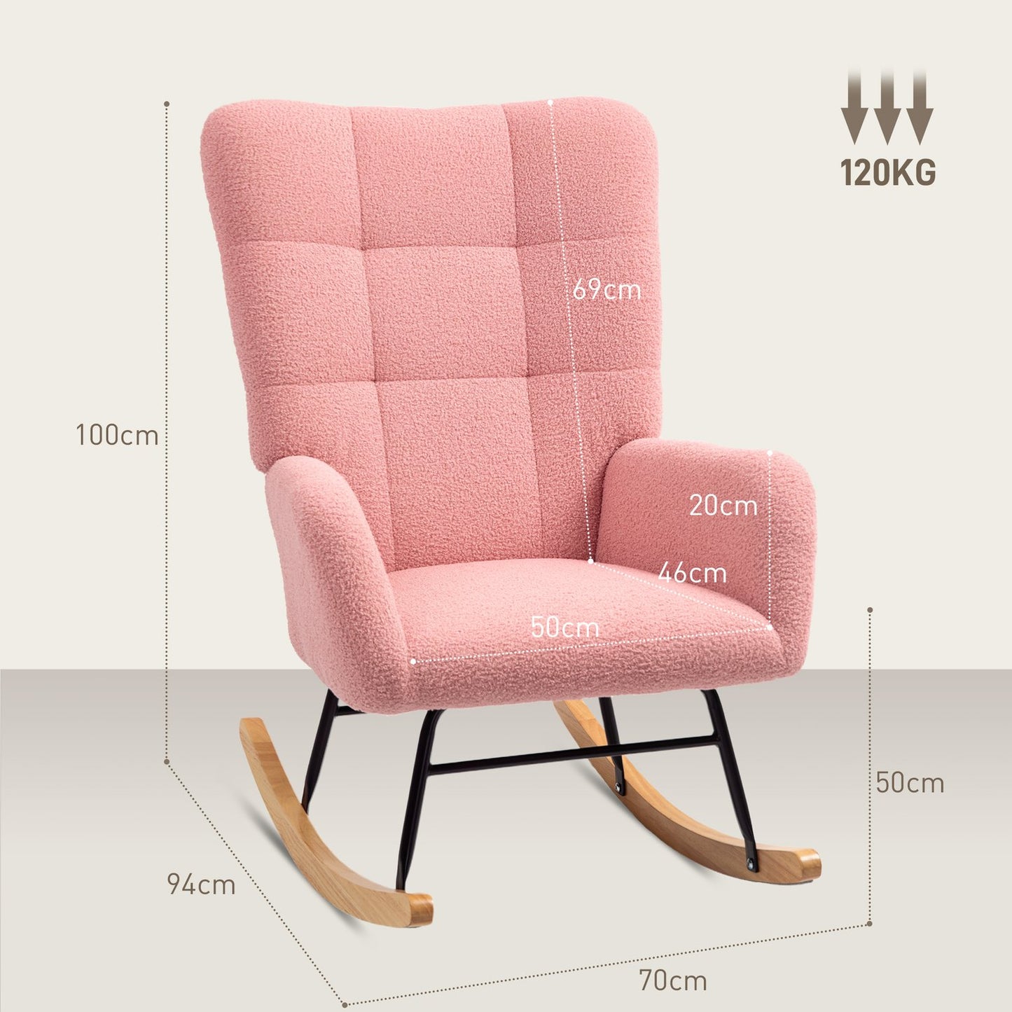 Pink velvet rocking chair with armrests - wooden base