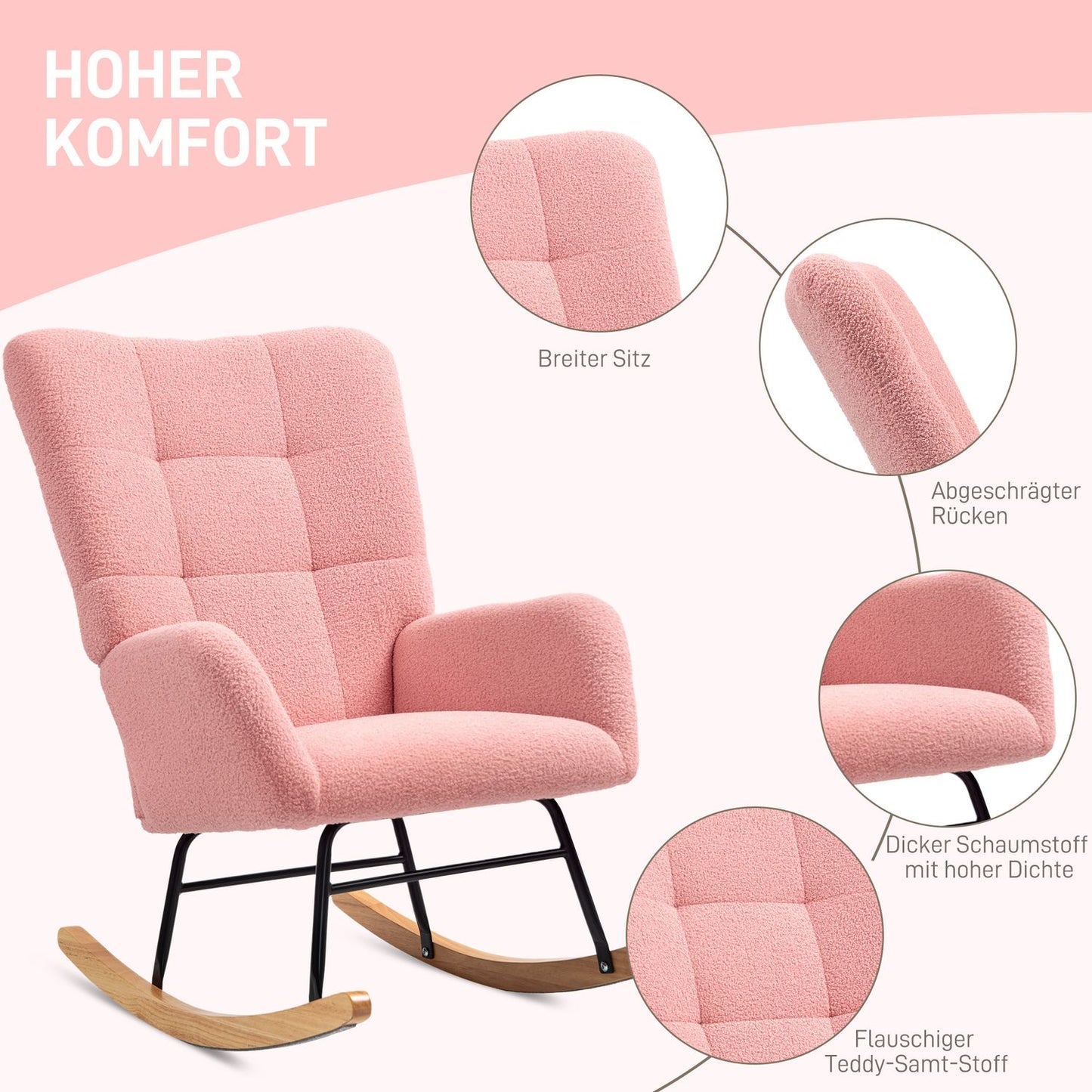 Pink velvet rocking chair with armrests - wooden base