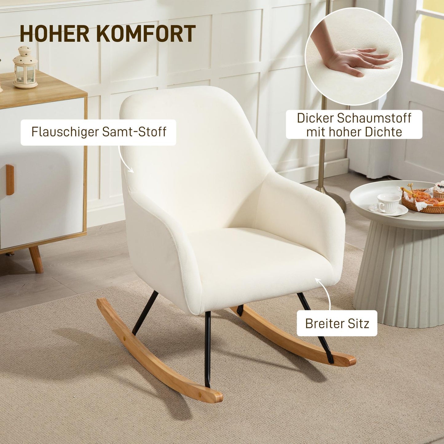 Rocking chair in cream white velvet look with armrests