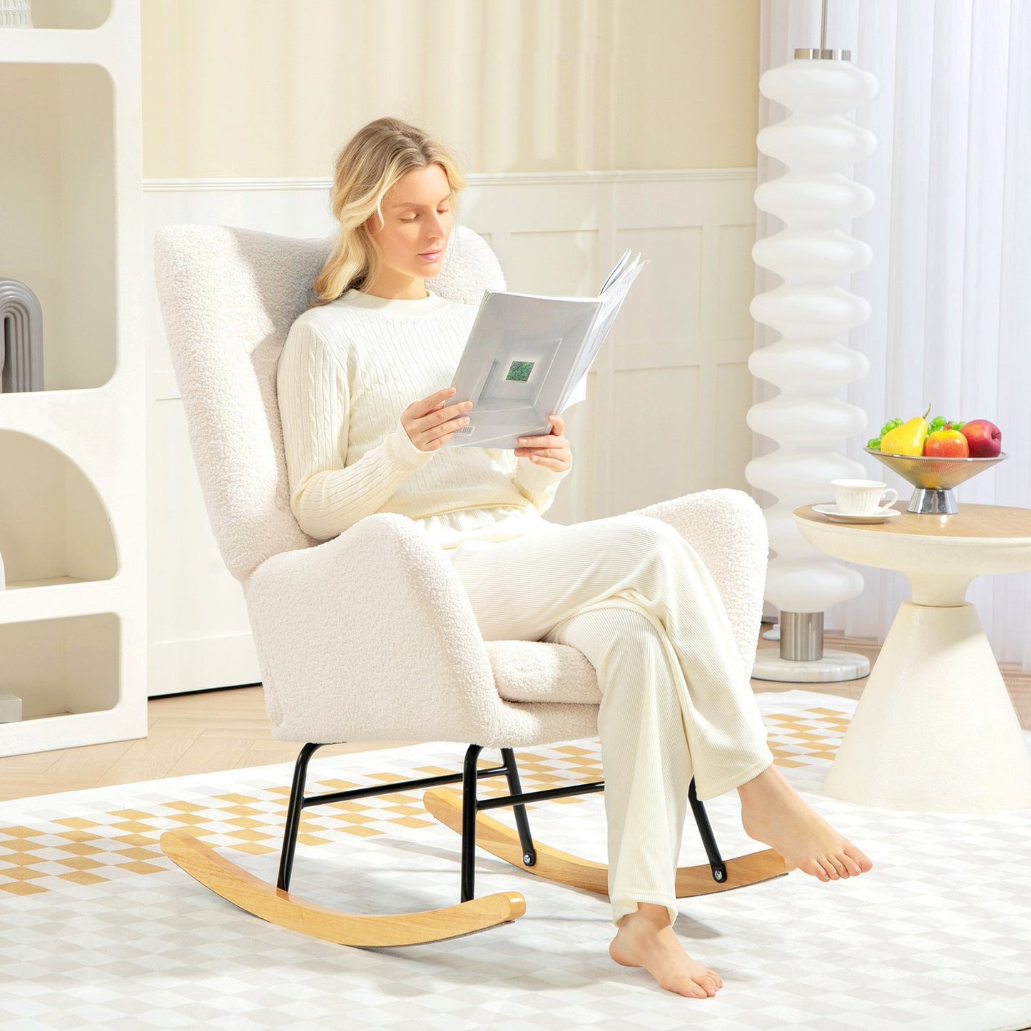 Creamy white rocking chair with armrests & cushion