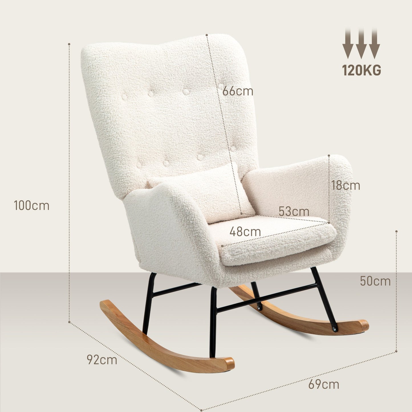Creamy white rocking chair with armrests & cushion