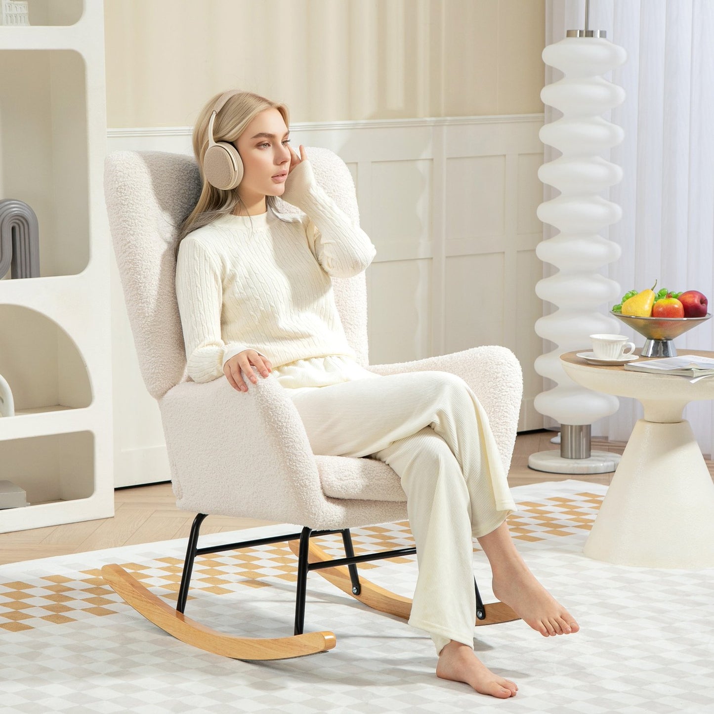 Creamy white rocking chair with armrests & cushion