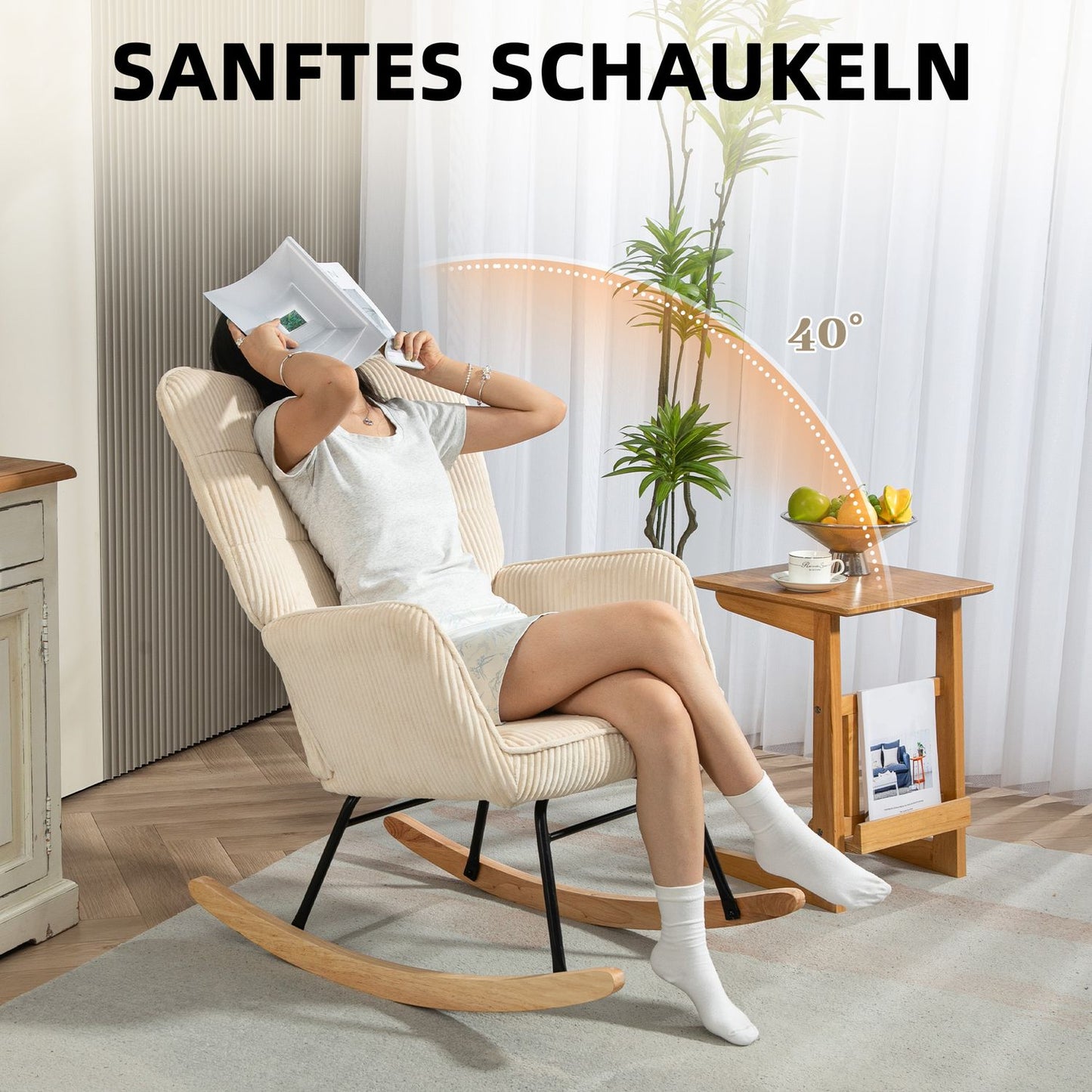 Beige relaxing rocking chair with wooden runners