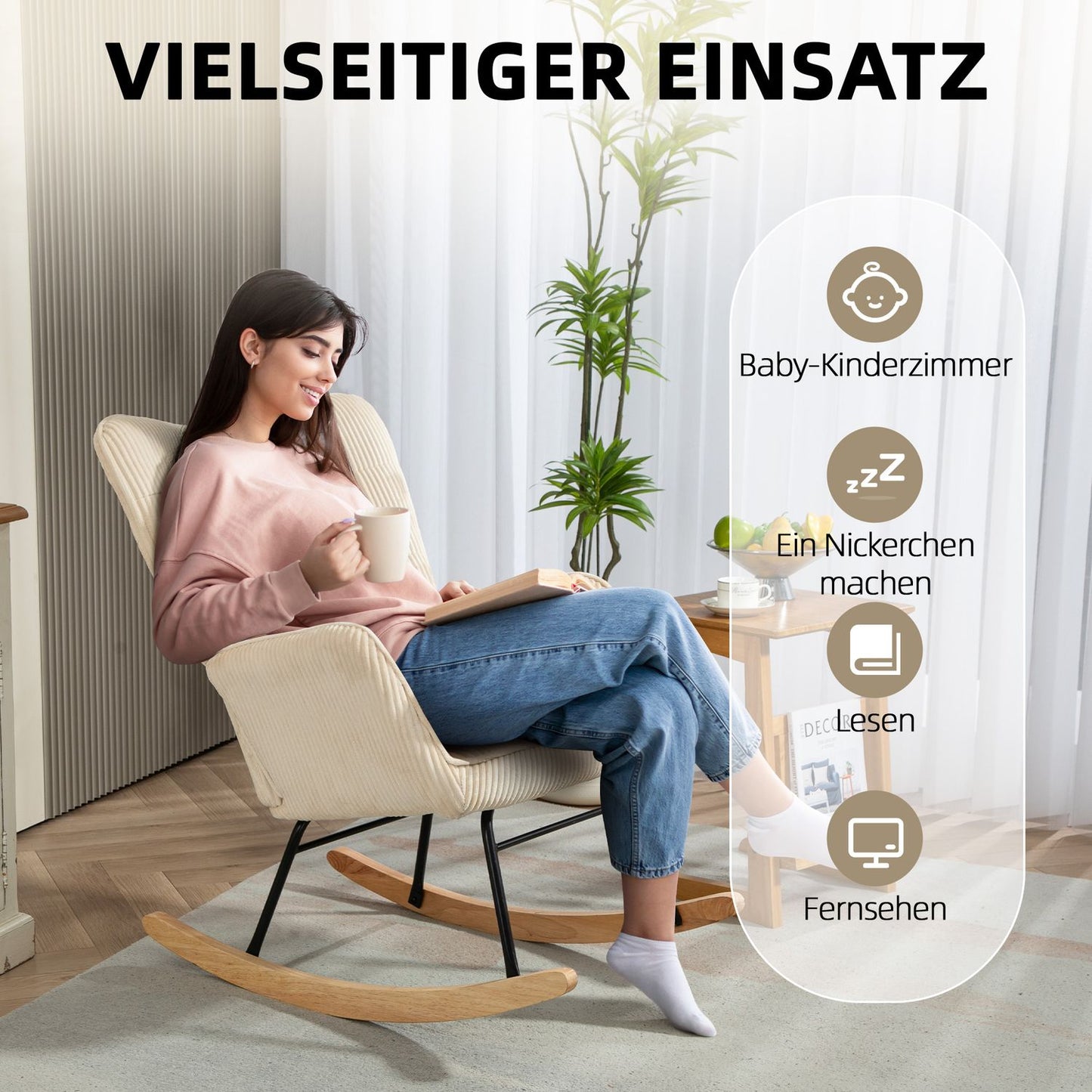 Beige relaxing rocking chair with wooden runners
