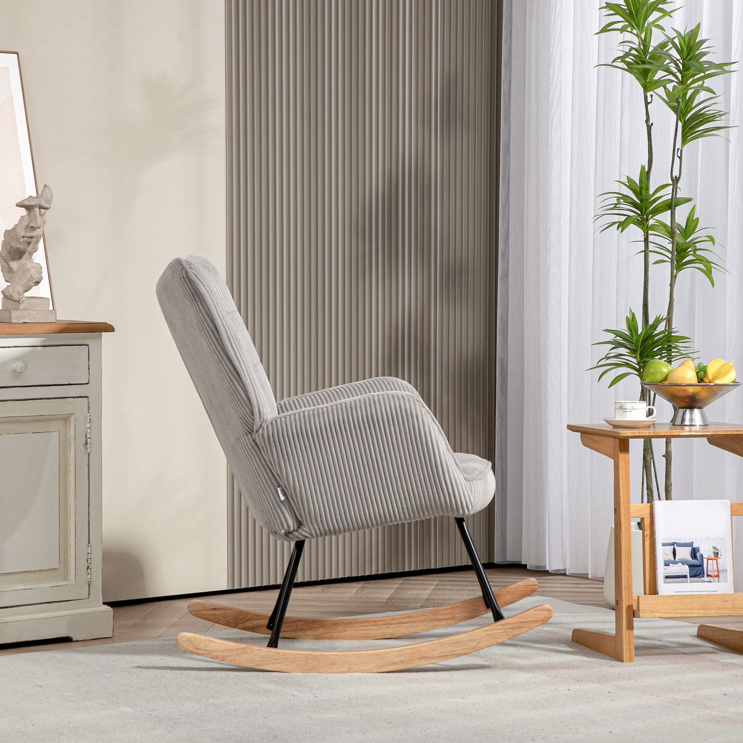 Light gray rocking chair with armrests, wooden runners