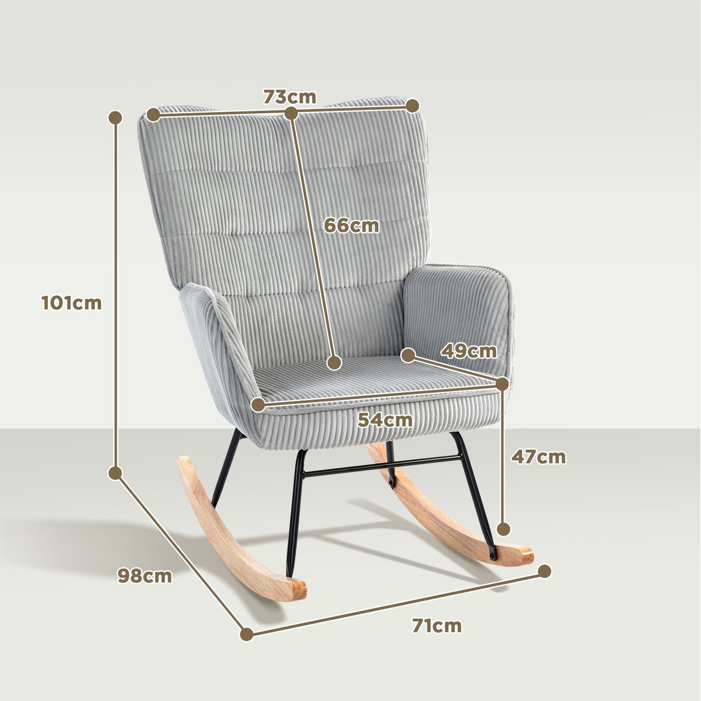 Light gray rocking chair with armrests, wooden runners