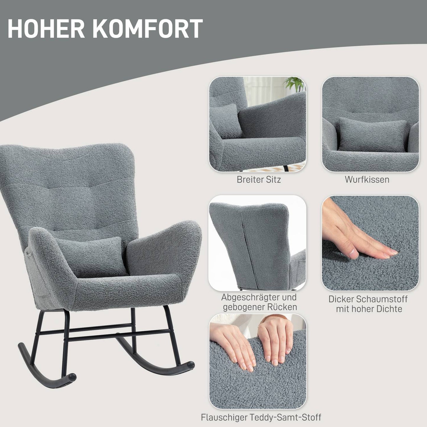 Gray rocking chair with armrests & lumbar support