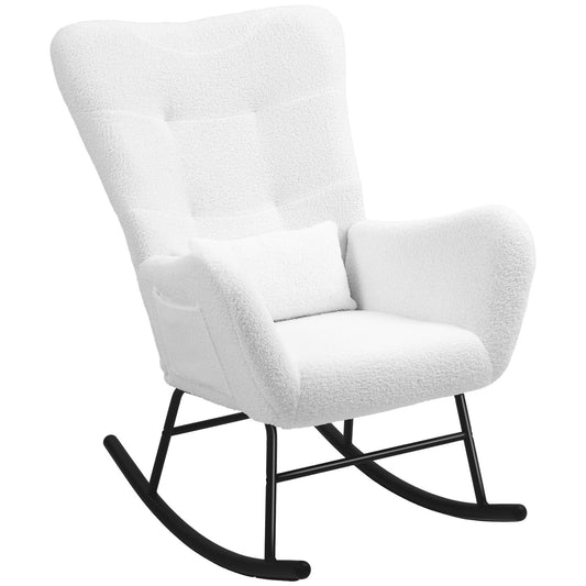 White rocking chair, teddy fabric, lumbar cushion, side pocket
