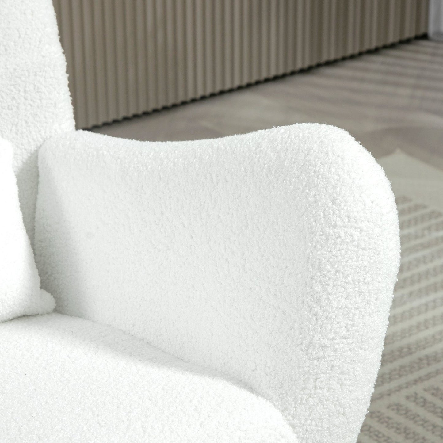 White rocking chair, teddy fabric, lumbar cushion, side pocket