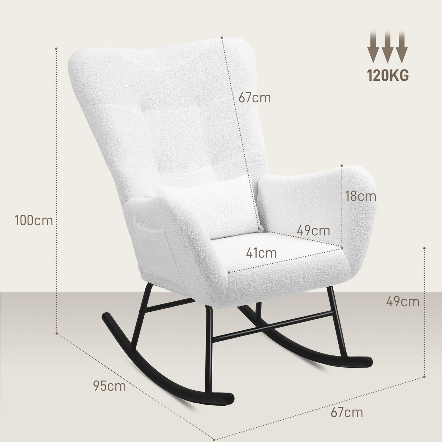 White rocking chair, teddy fabric, lumbar cushion, side pocket