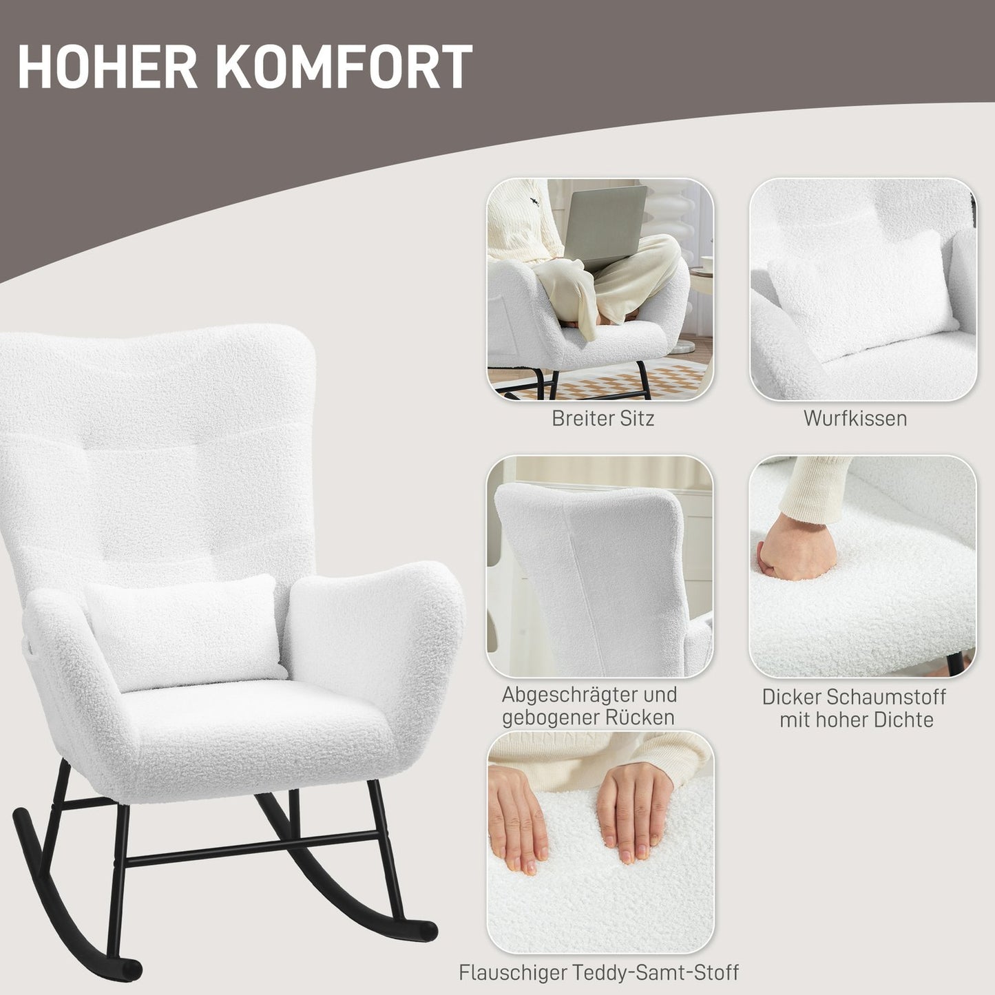 White rocking chair, teddy fabric, lumbar cushion, side pocket