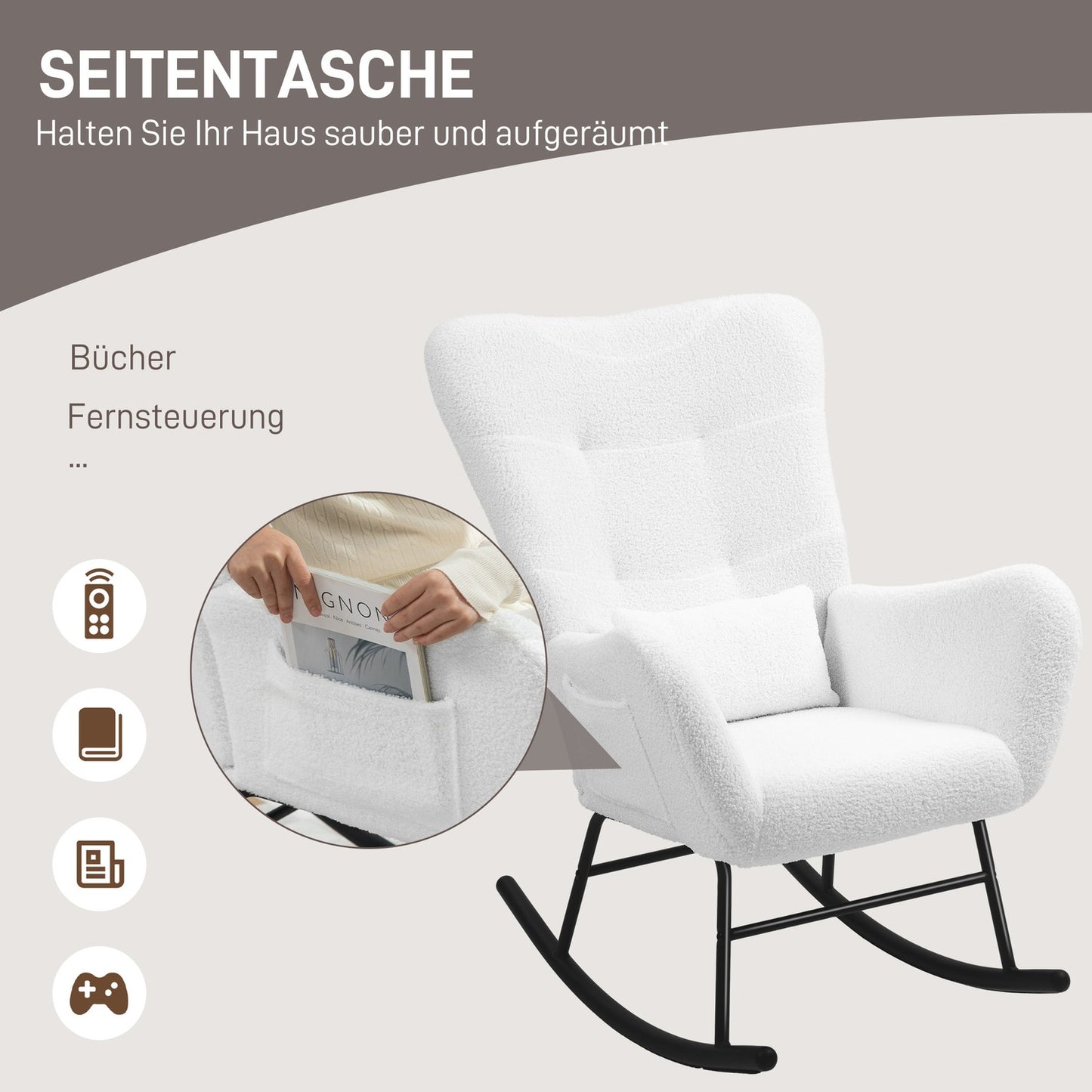 White rocking chair, teddy fabric, lumbar cushion, side pocket