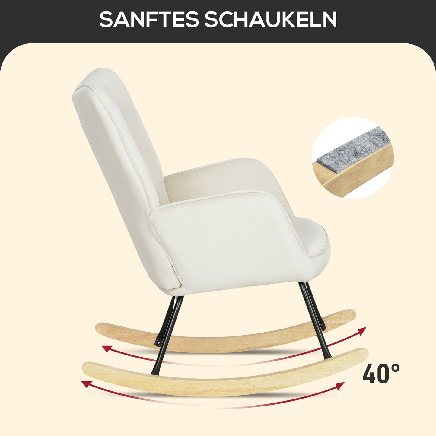 Beige velvet rocking chair with wooden runners