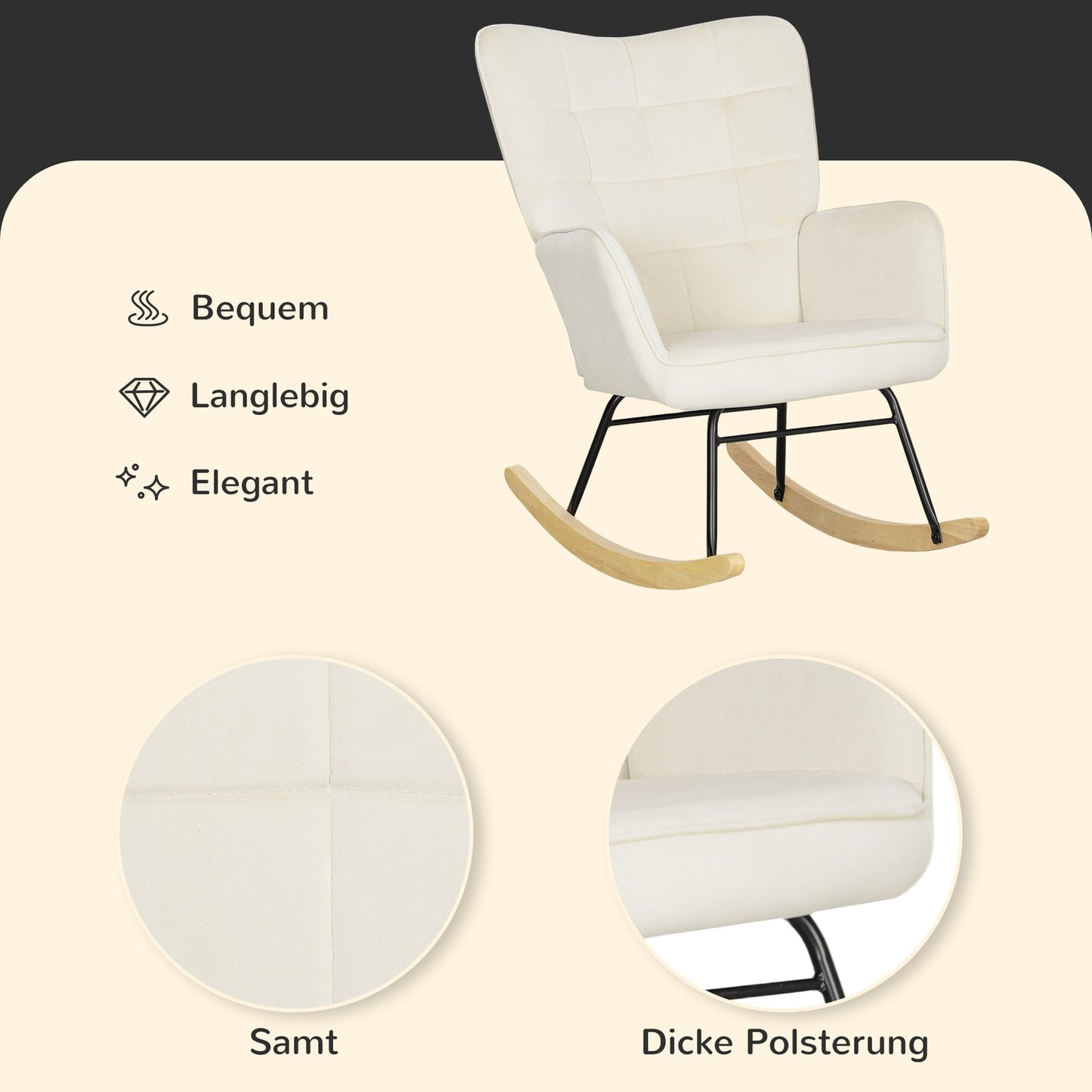 Beige velvet rocking chair with wooden runners