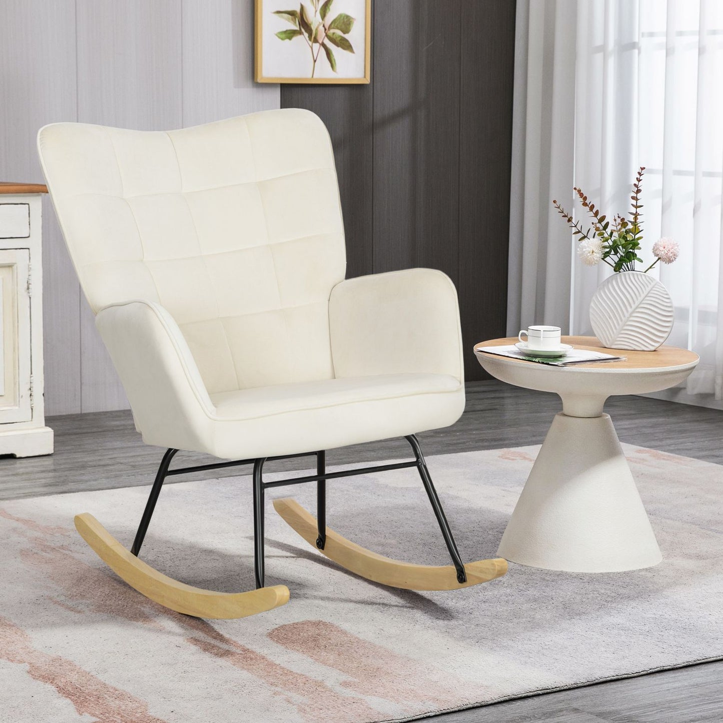 Beige velvet rocking chair with wooden runners