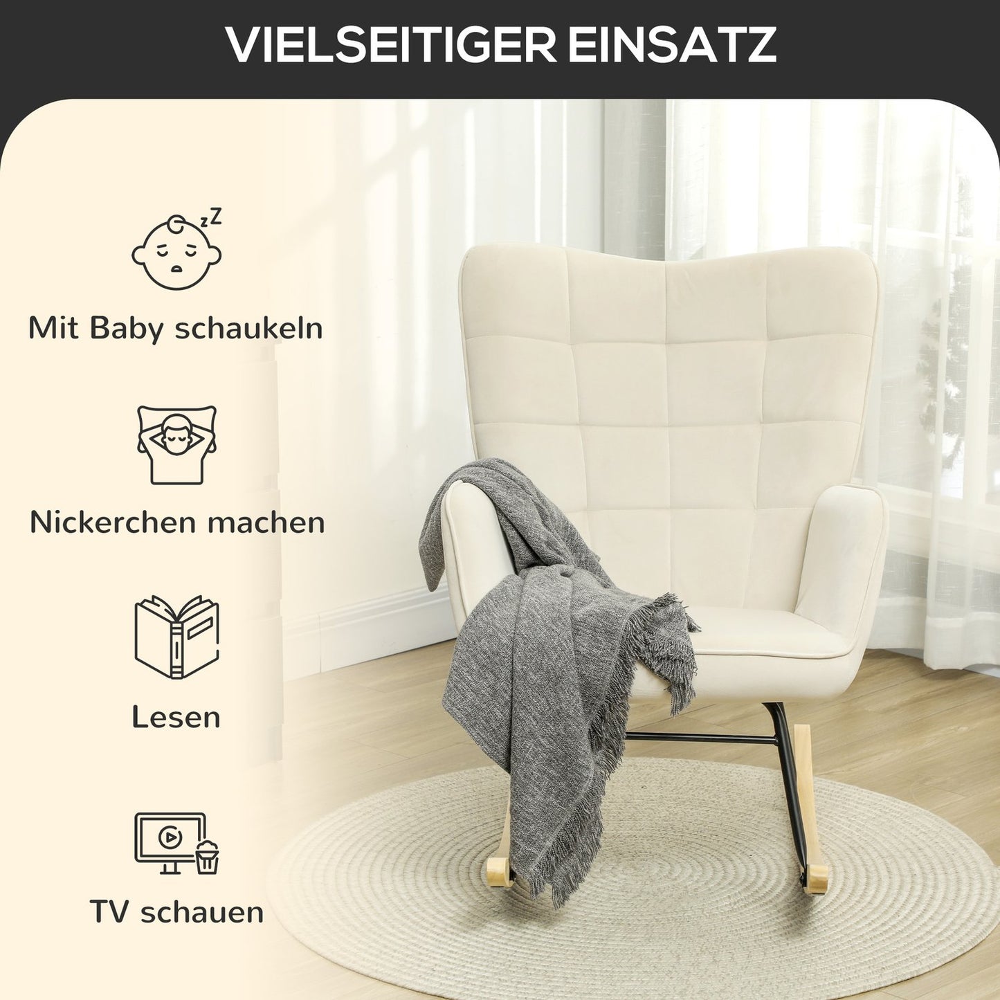Beige velvet rocking chair with wooden runners