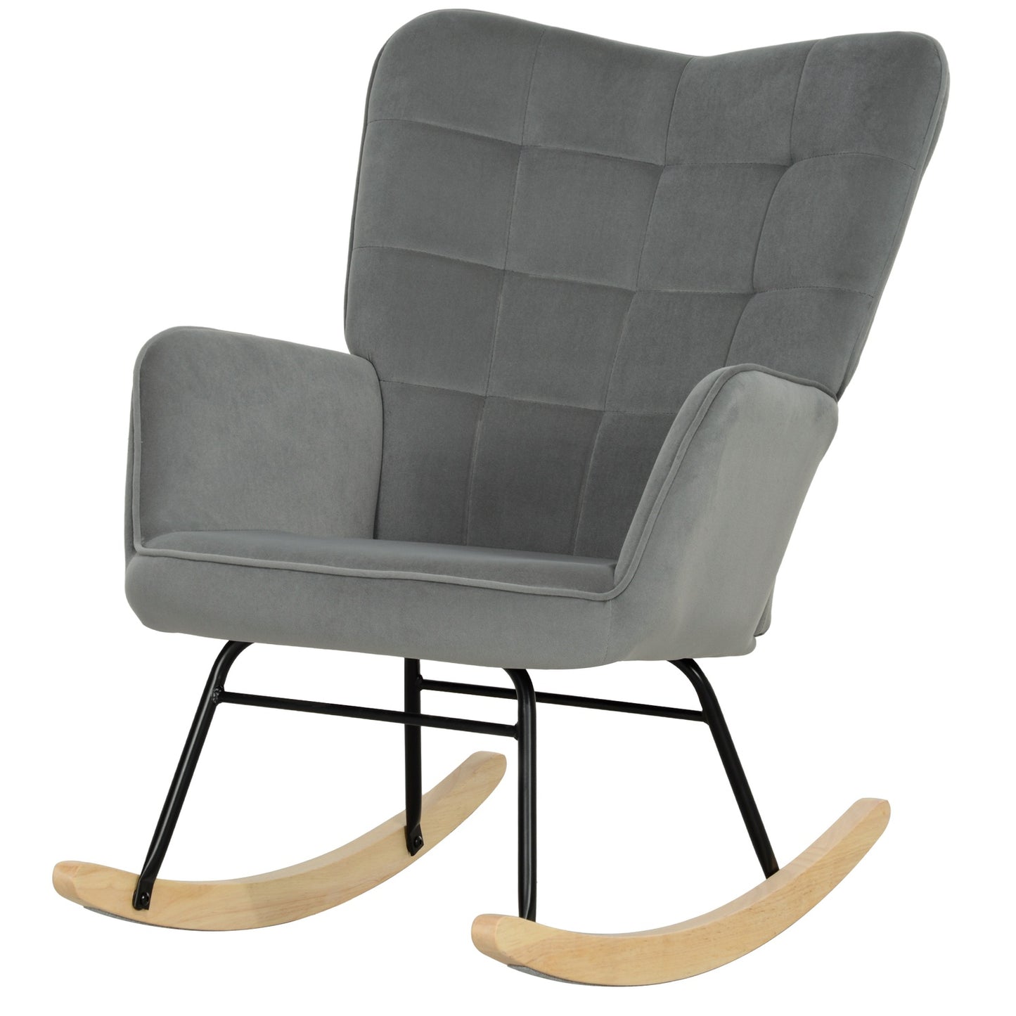 Dark gray rocking chair in velvet look with armrests