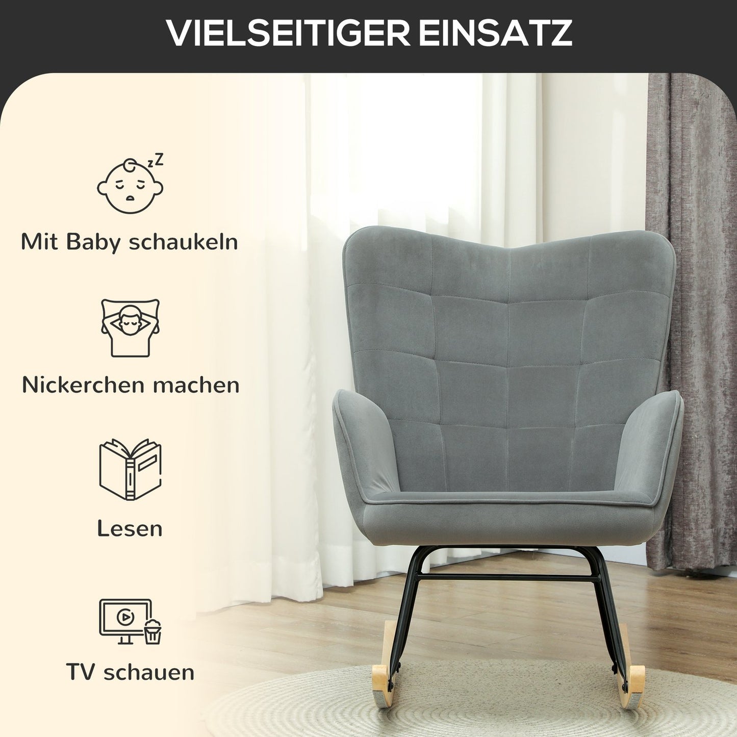 Dark gray rocking chair in velvet look with armrests