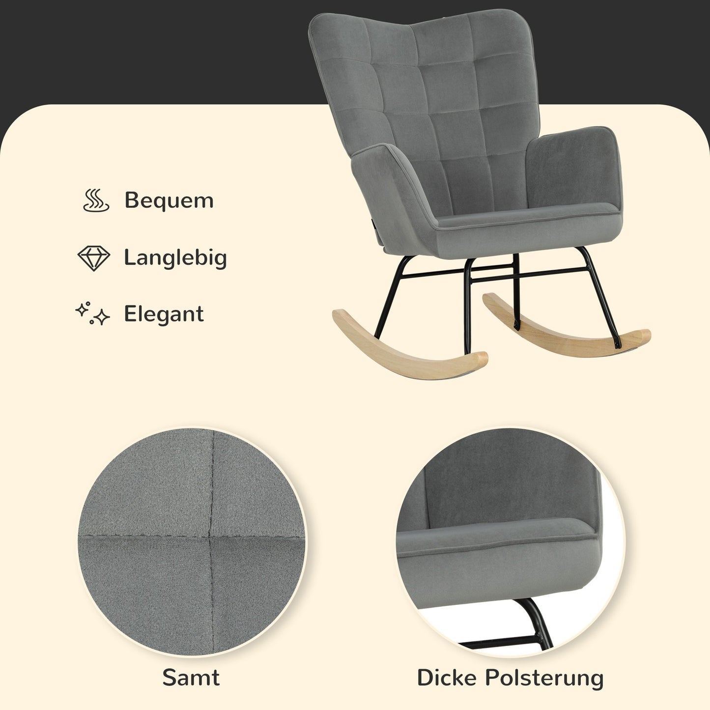 Dark gray rocking chair in velvet look with armrests