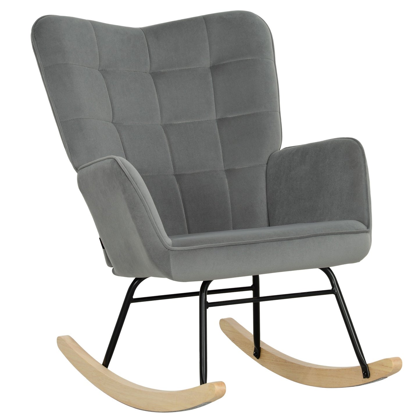 Dark gray rocking chair in velvet look with armrests