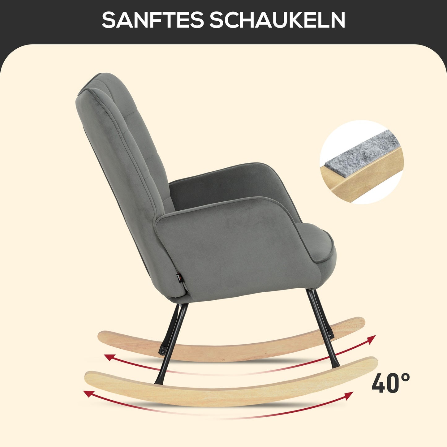 Dark gray rocking chair in velvet look with armrests