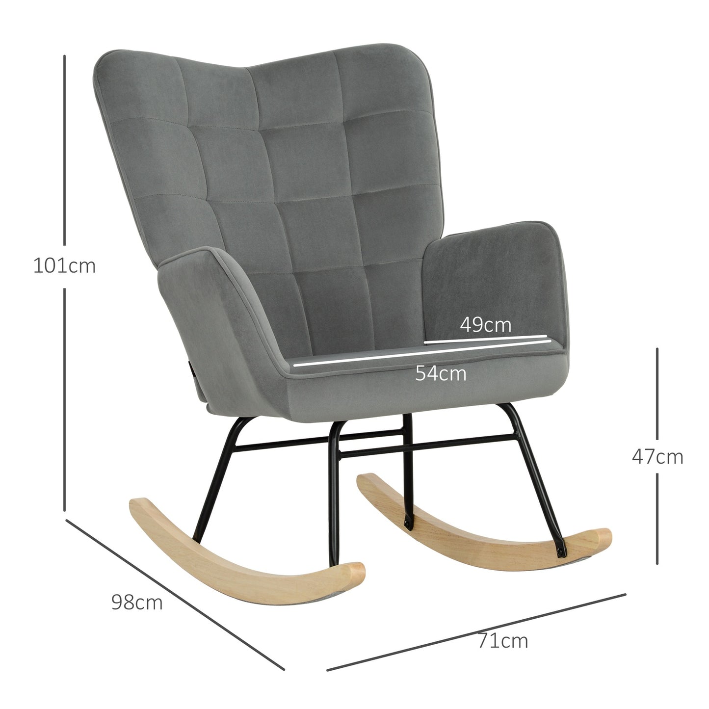 Dark gray rocking chair in velvet look with armrests