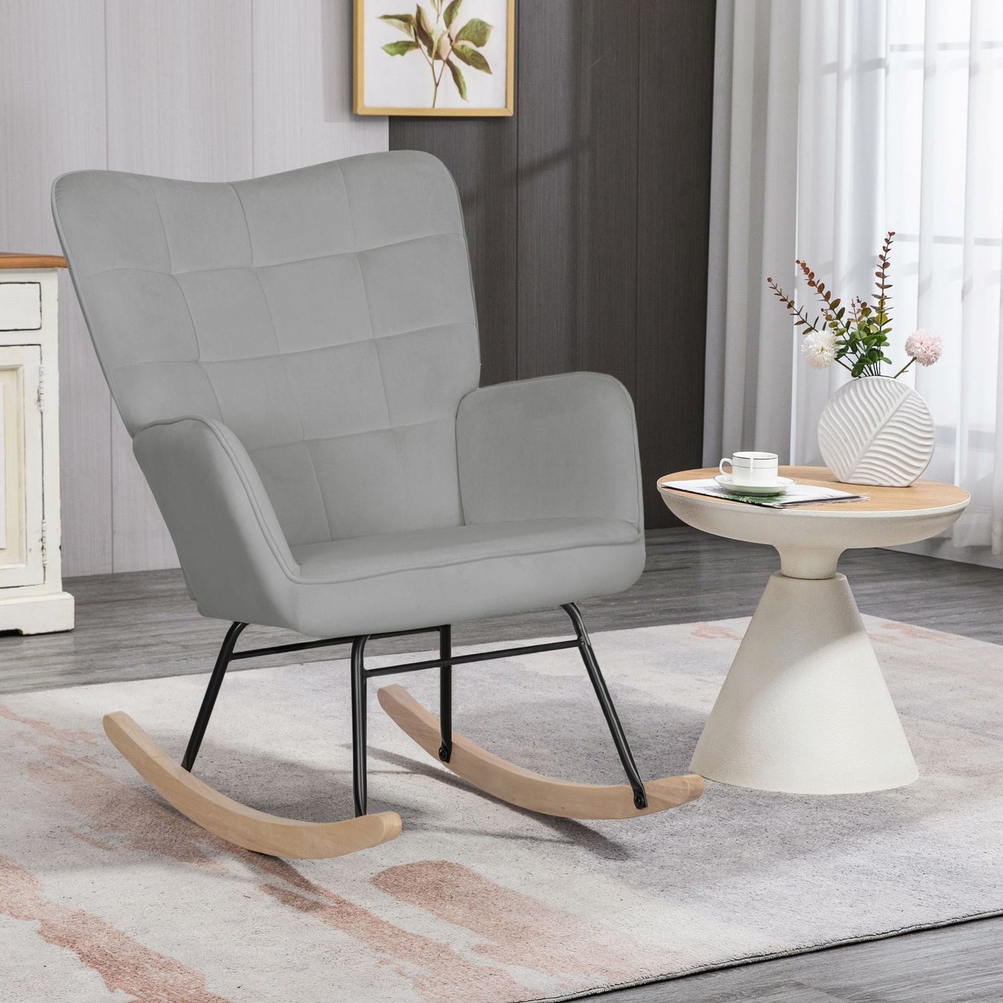 Light gray rocking chair in velvet look with wooden runners
