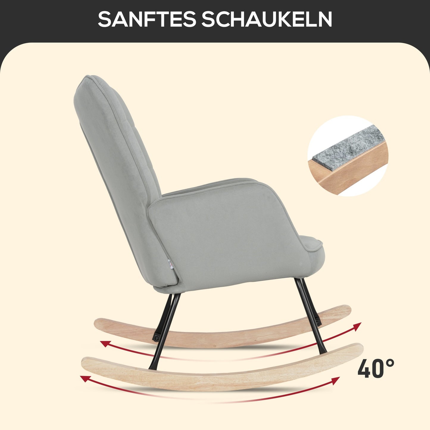 Light gray rocking chair in velvet look with wooden runners