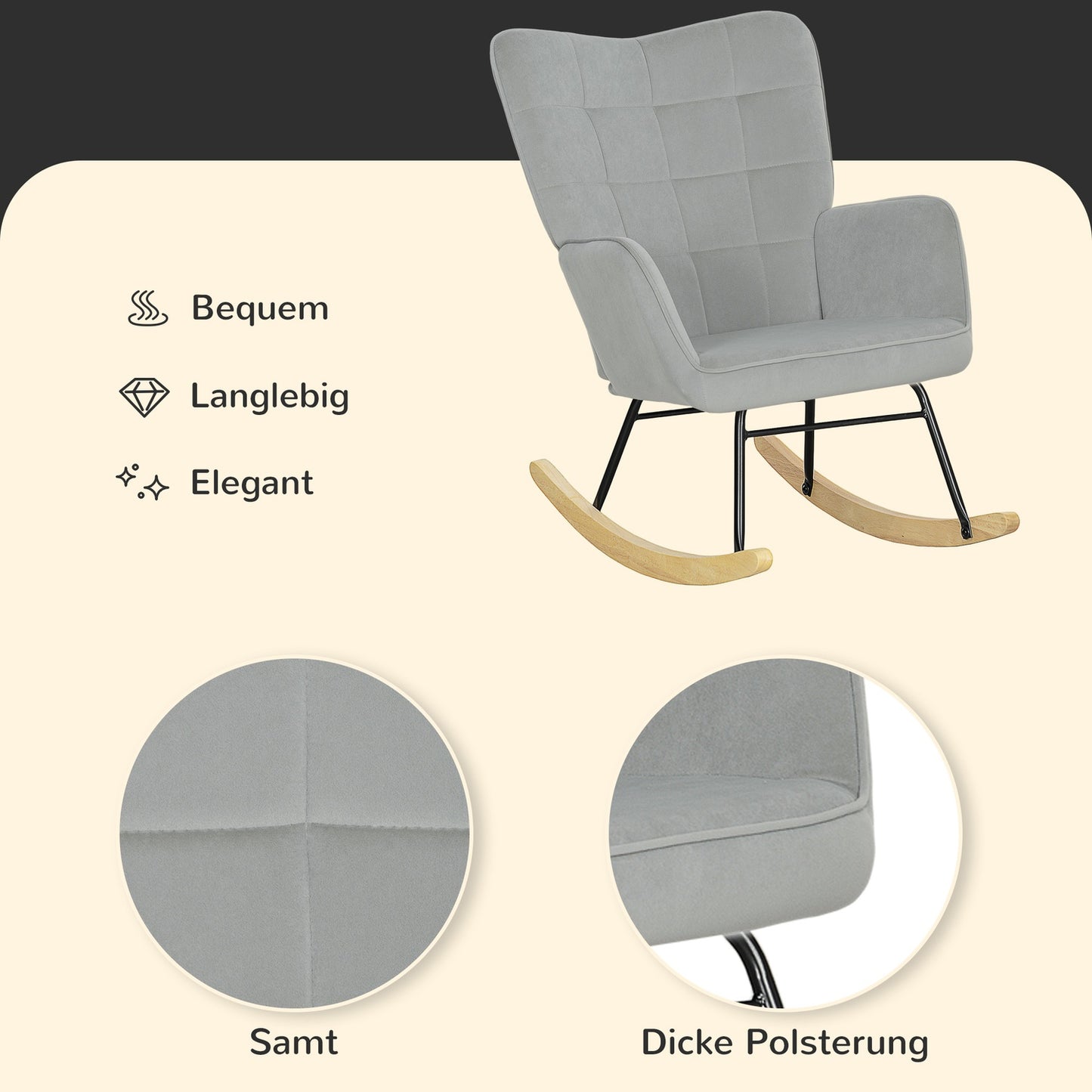 Light gray rocking chair in velvet look with wooden runners