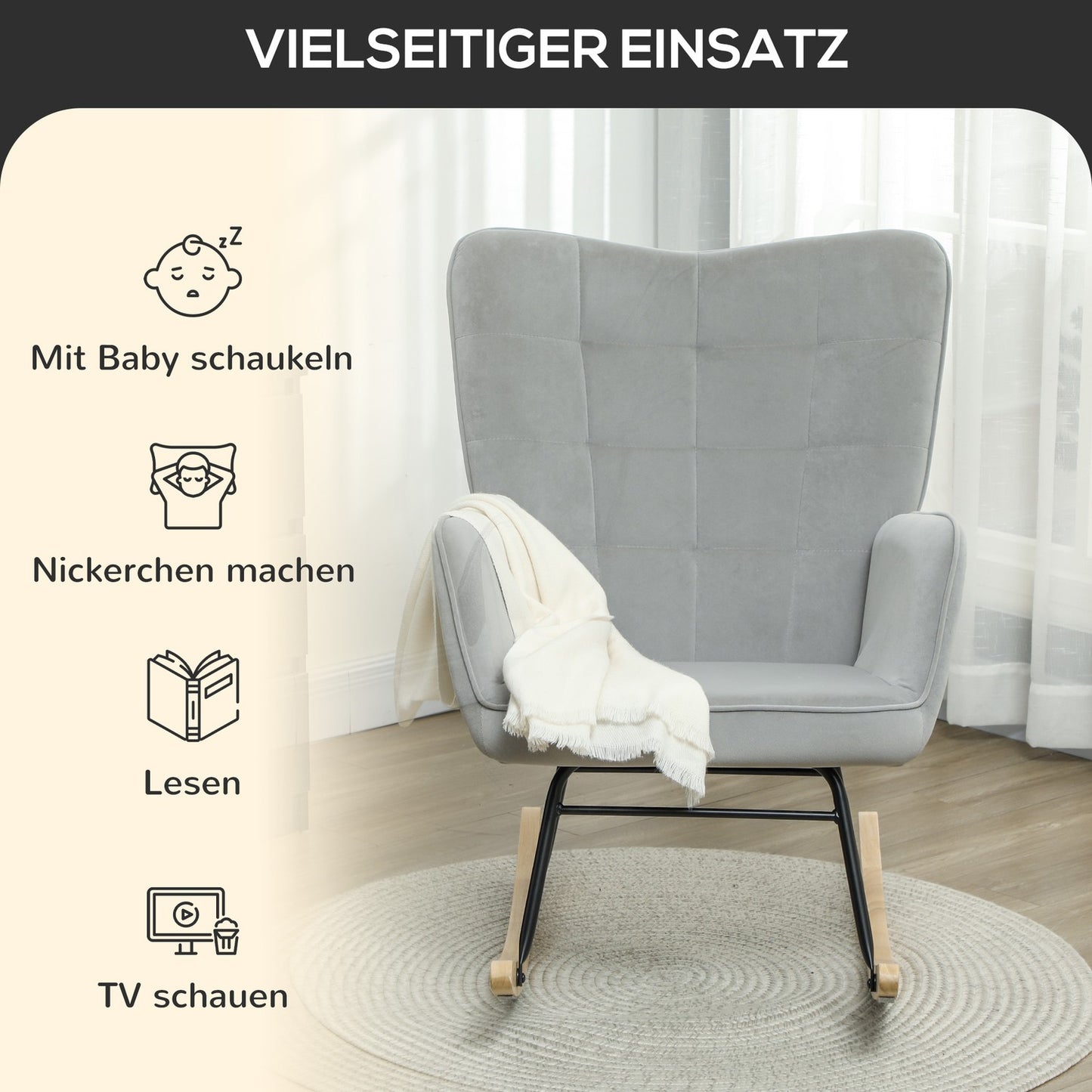 Light gray rocking chair in velvet look with wooden runners