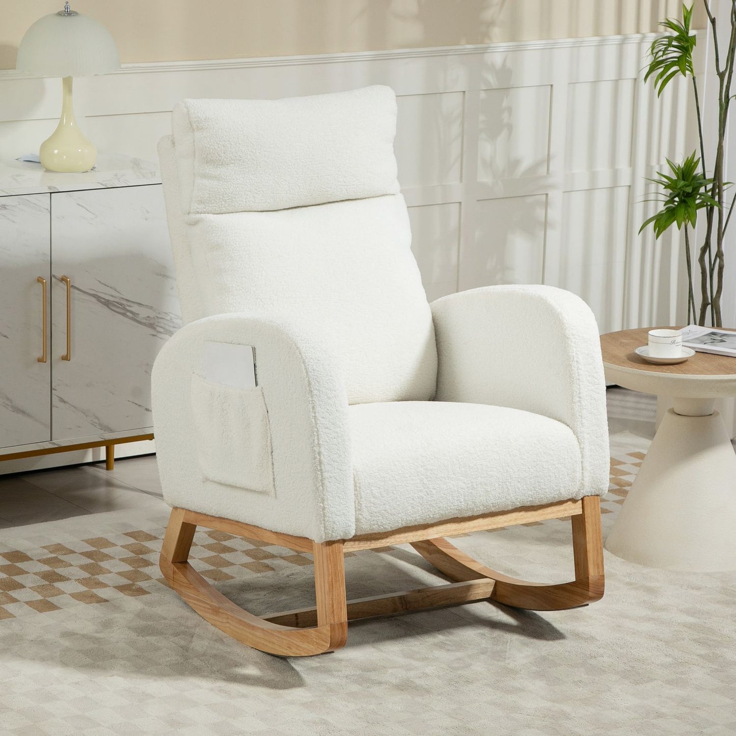Cream White Velvet-Look rocking chair, holds up to 120 kg