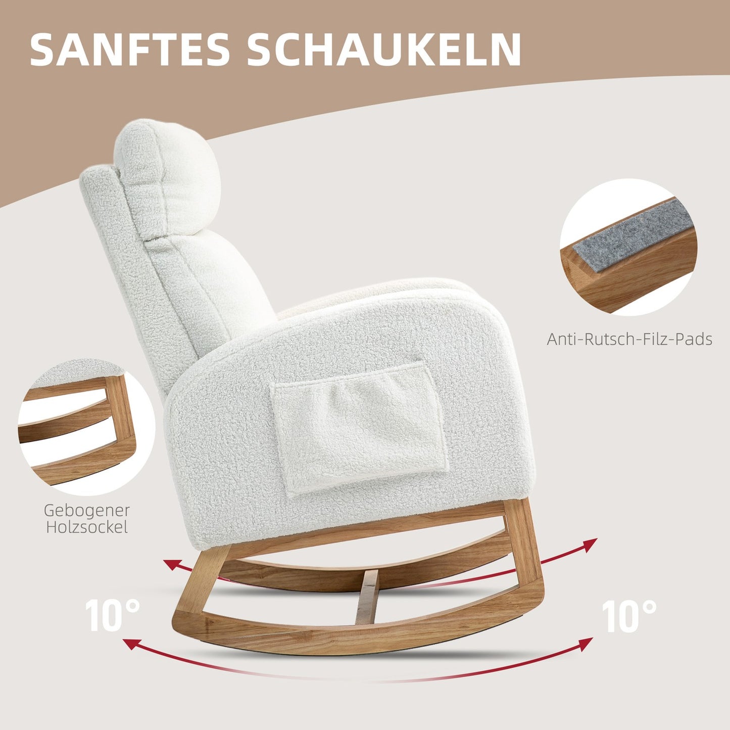 Cream White Velvet-Look rocking chair, holds up to 120 kg