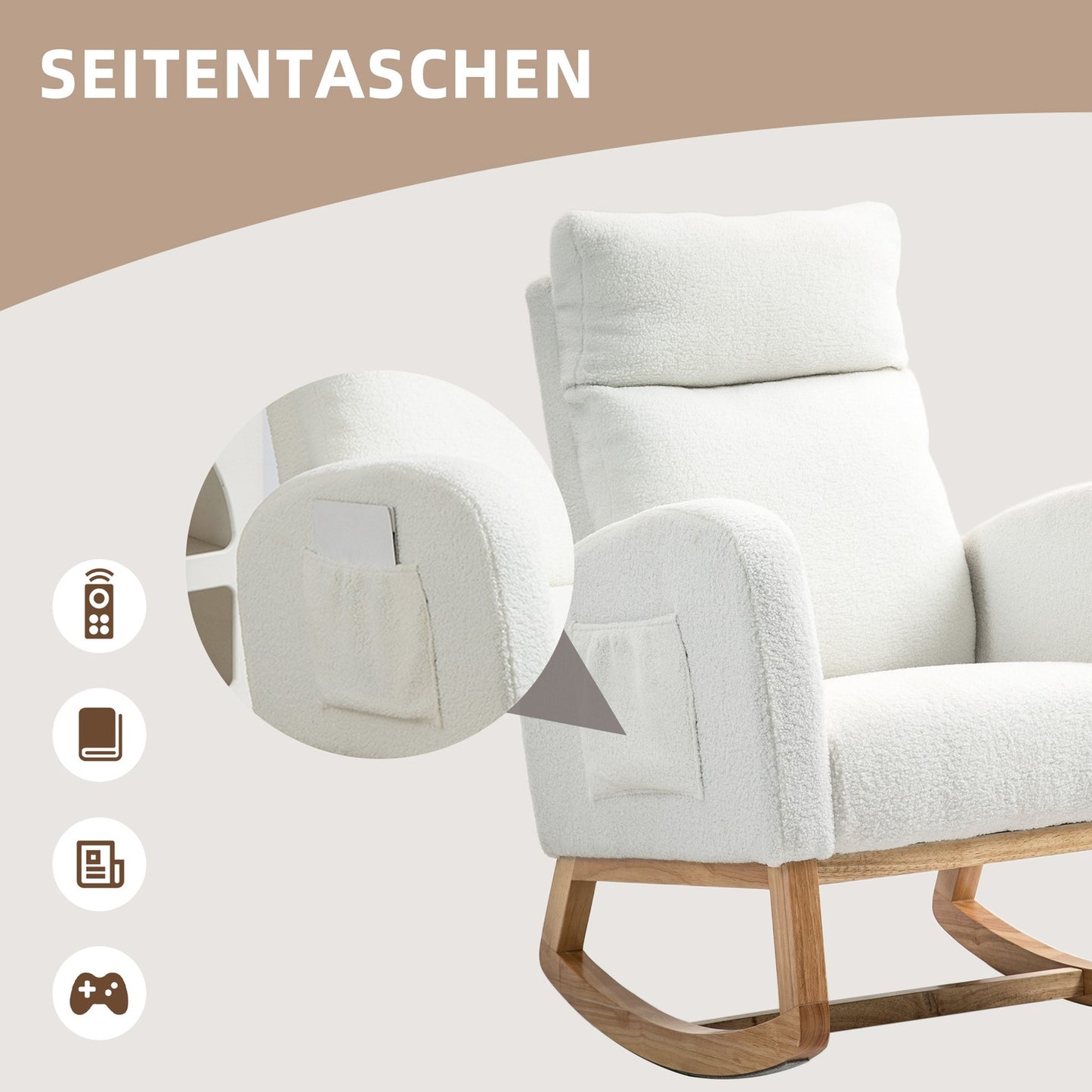 Cream White Velvet-Look rocking chair, holds up to 120 kg