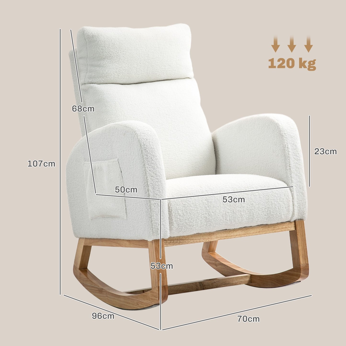 Cream White Velvet-Look rocking chair, holds up to 120 kg