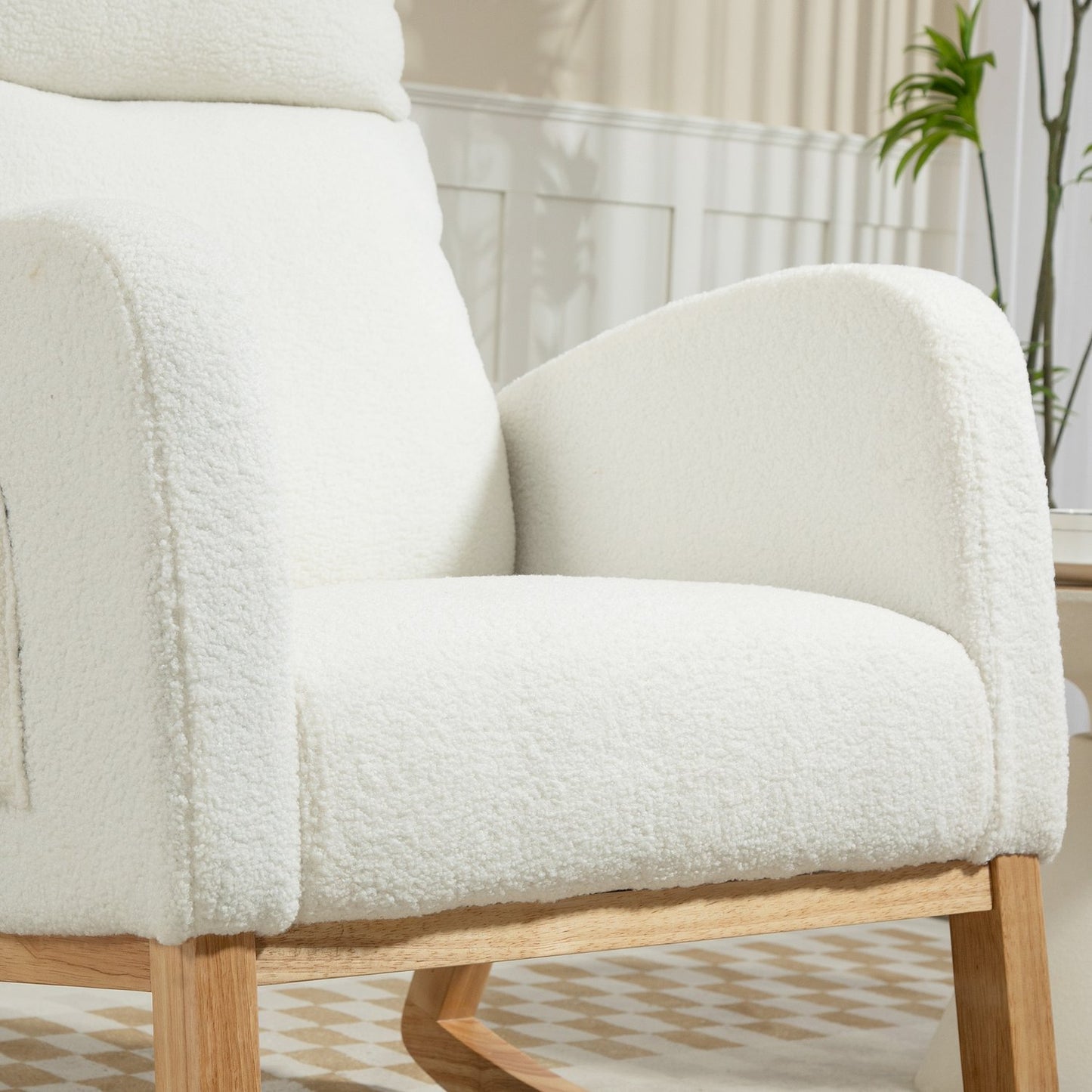 Cream White Velvet-Look rocking chair, holds up to 120 kg