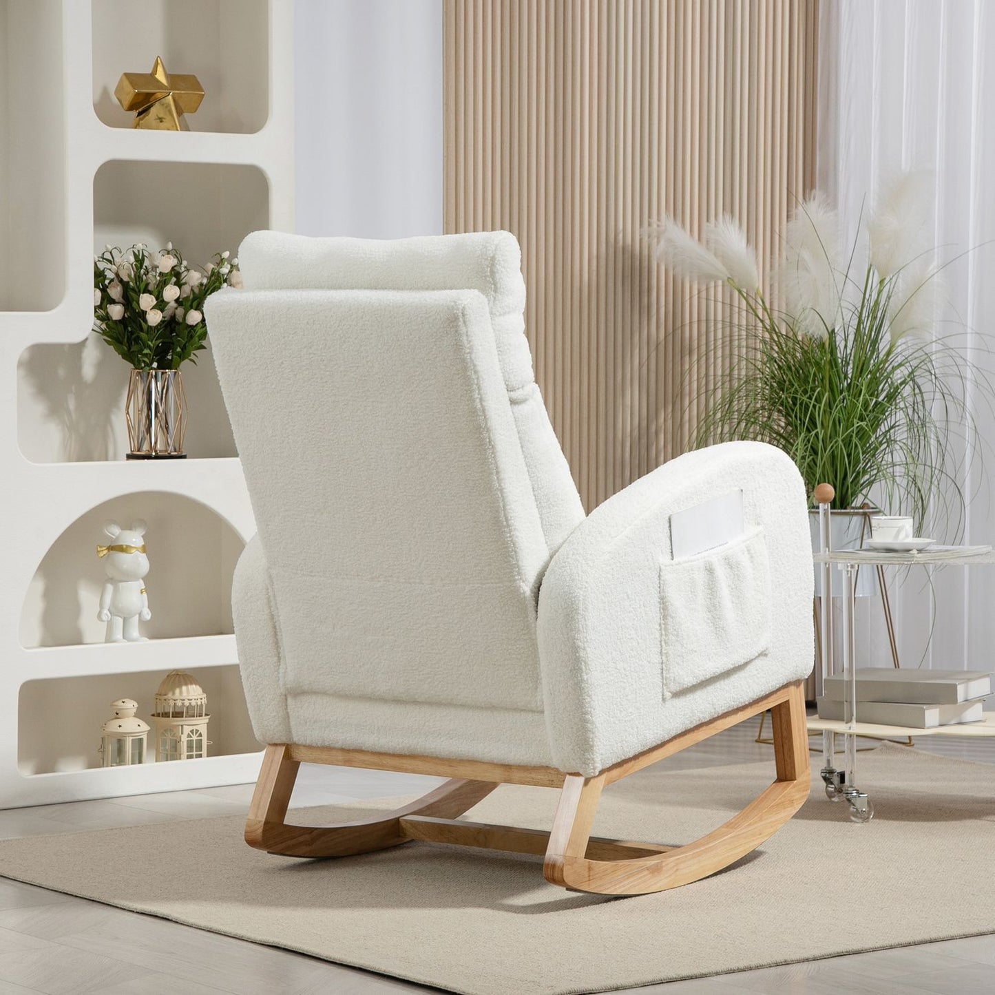 Cream White Velvet-Look rocking chair, holds up to 120 kg