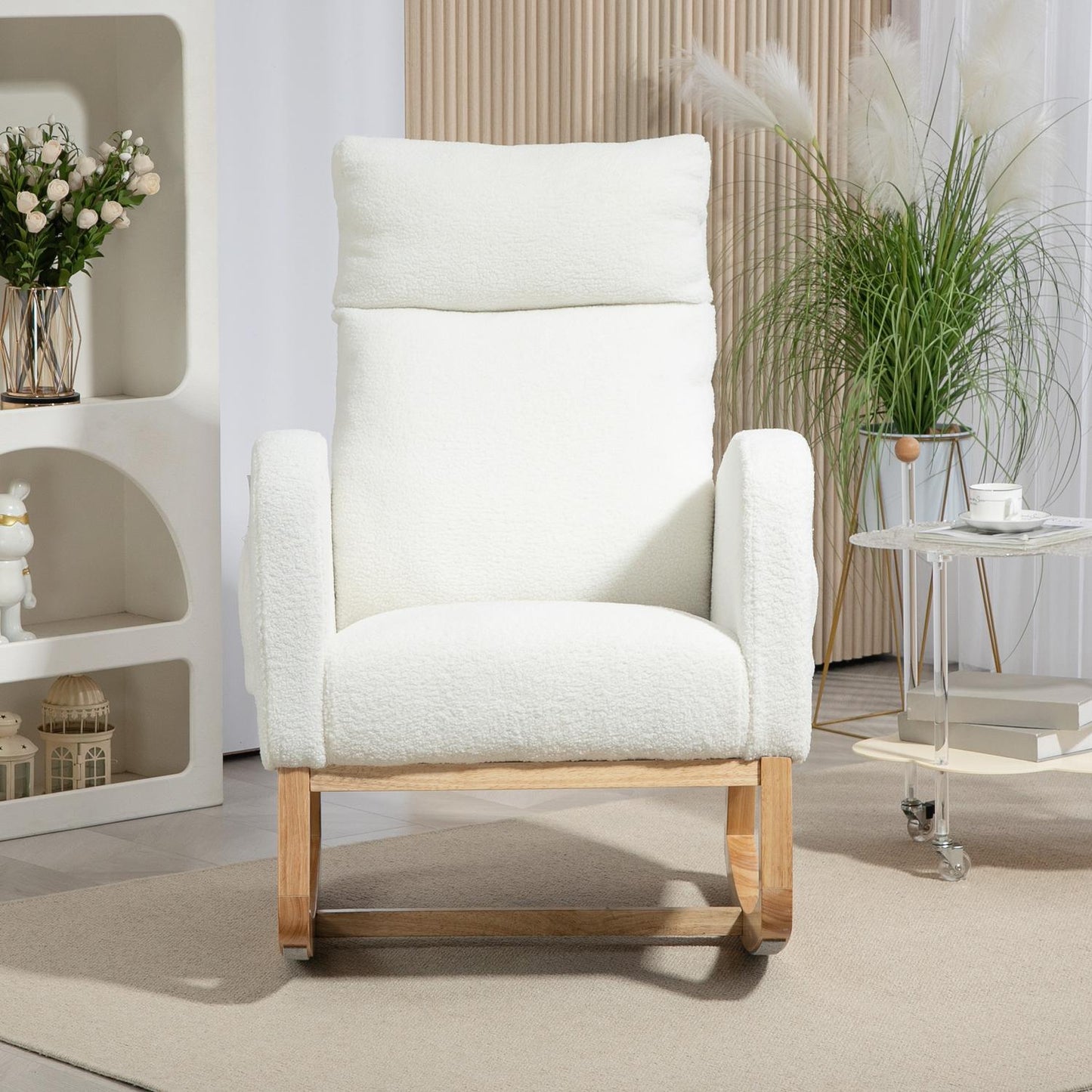 Cream White Velvet-Look rocking chair, holds up to 120 kg
