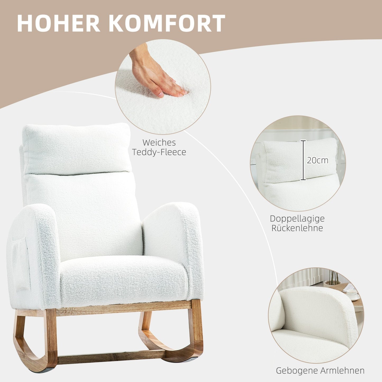 Cream White Velvet-Look rocking chair, holds up to 120 kg