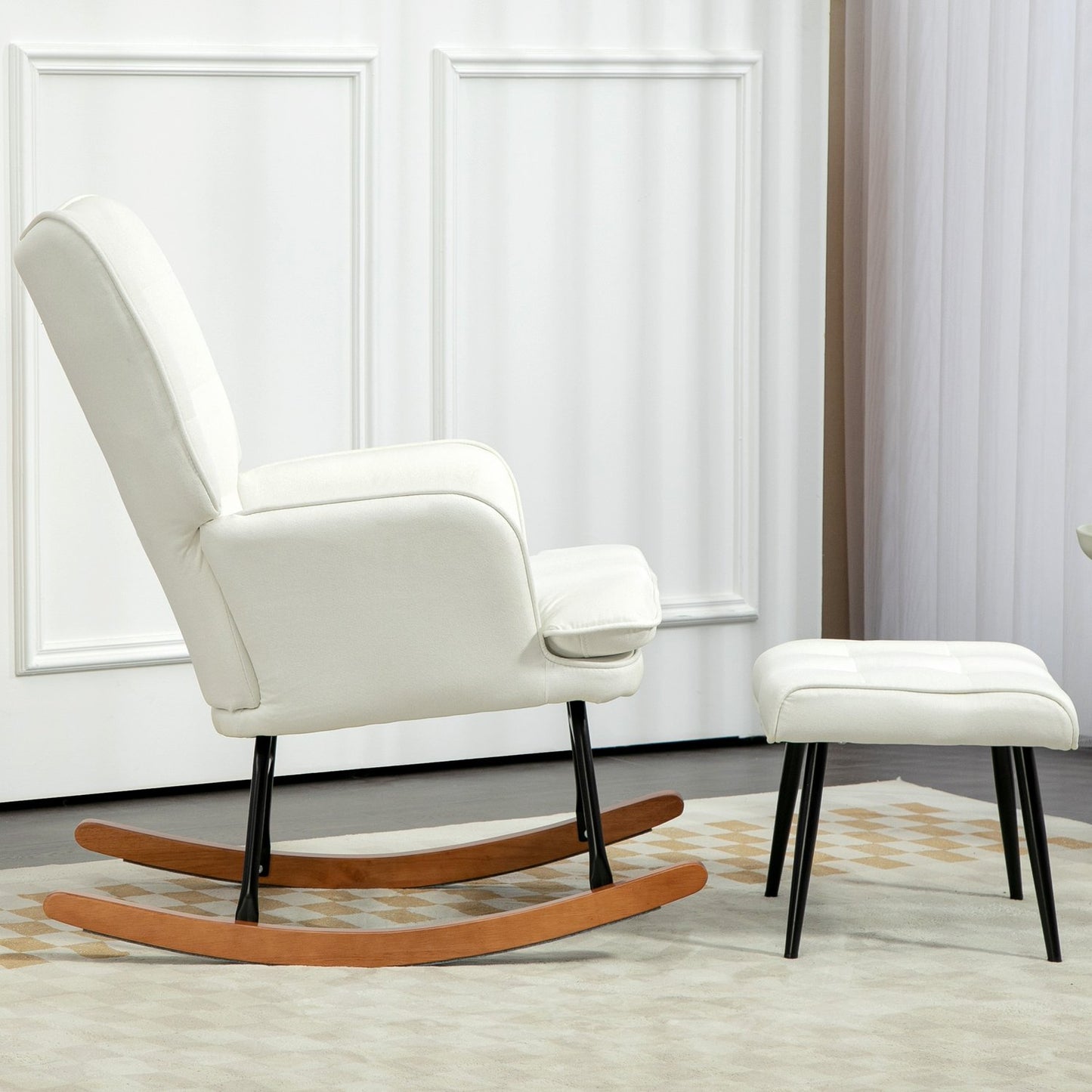 Rocking chair with stool, linen look, supports 130 kg